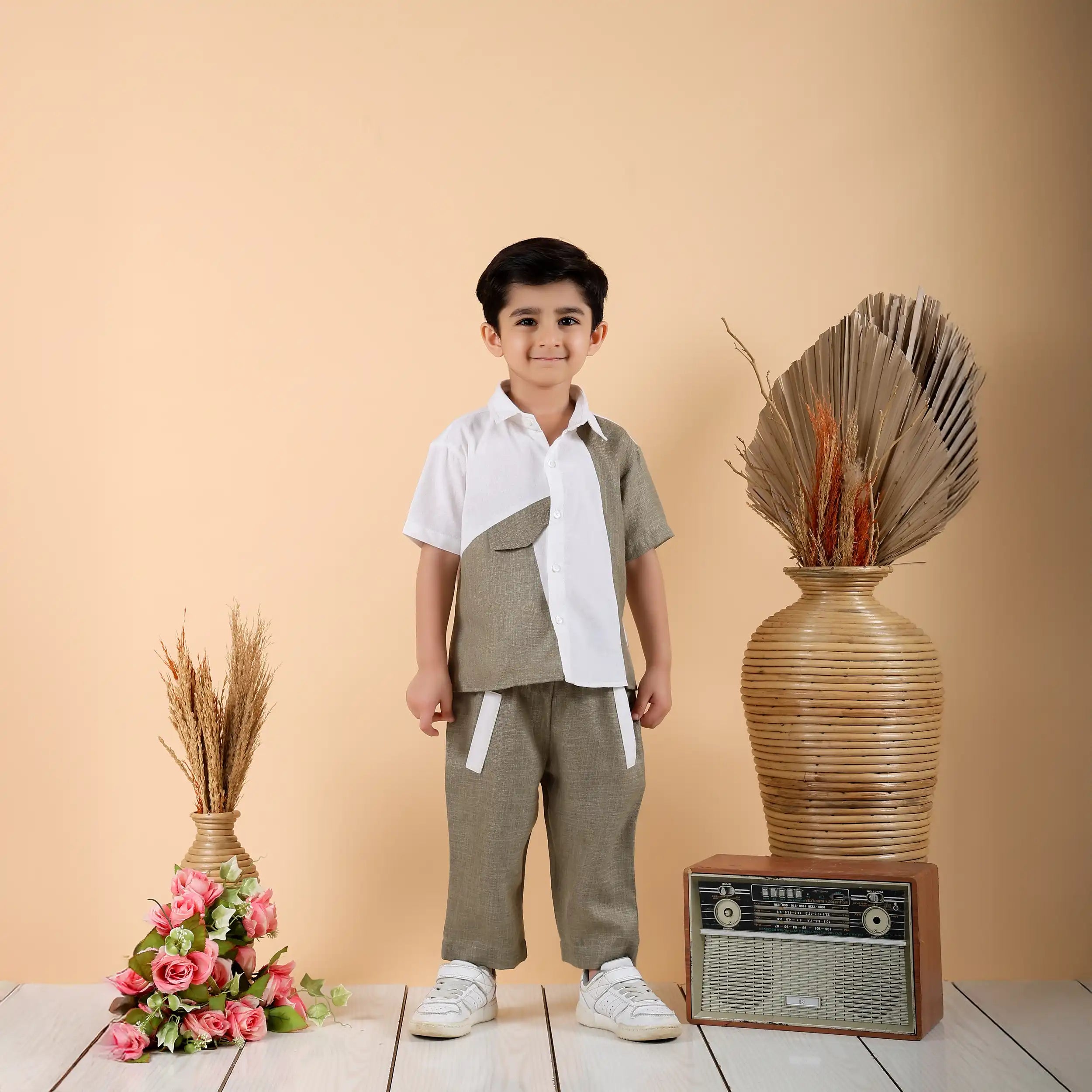 White & Olive Abstract Pure Linen Co-ord Set