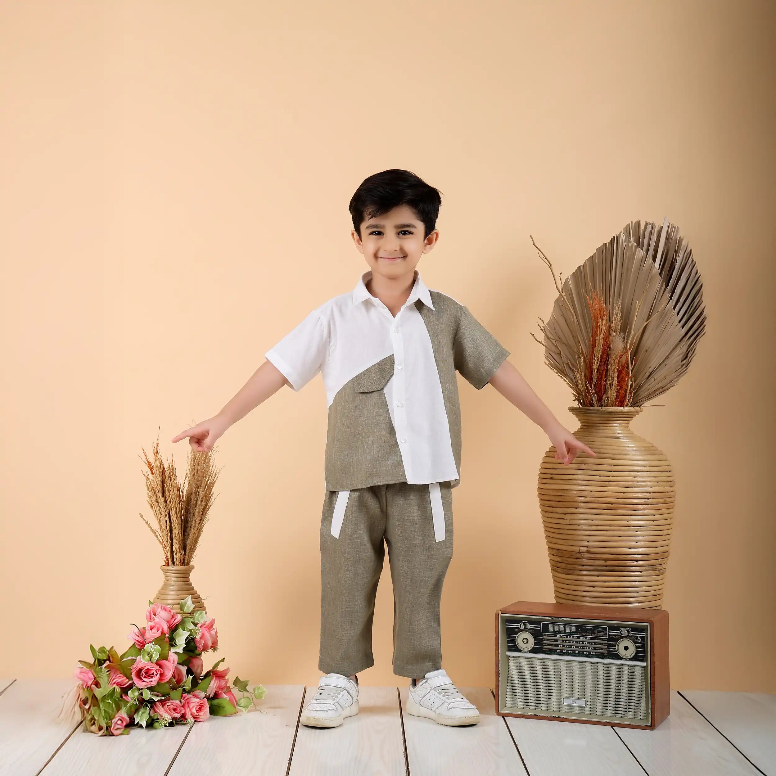 White & Olive Abstract Pure Linen Co-ord Set