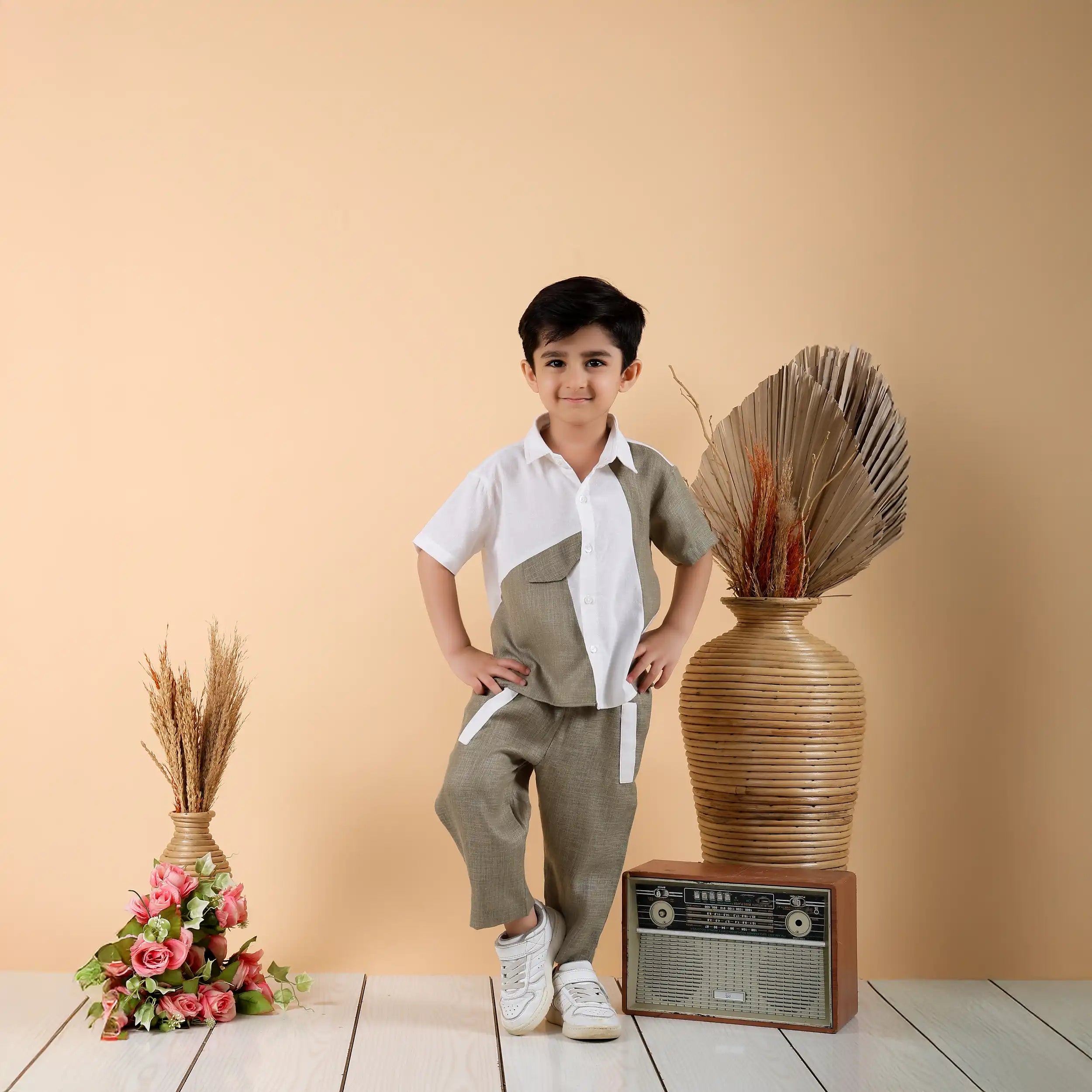 White & Olive Abstract Pure Linen Co-ord Set