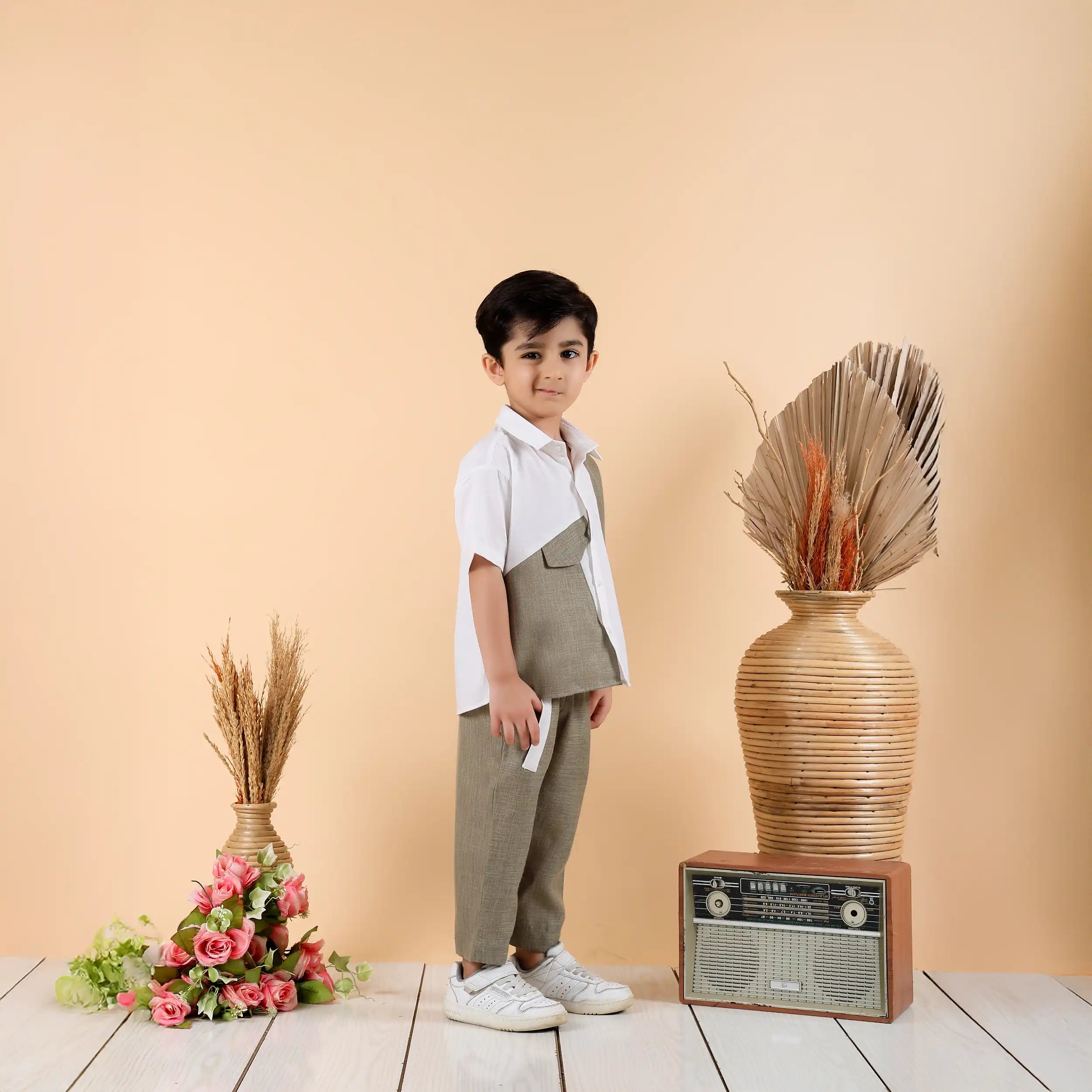 White & Olive Abstract Pure Linen Co-ord Set