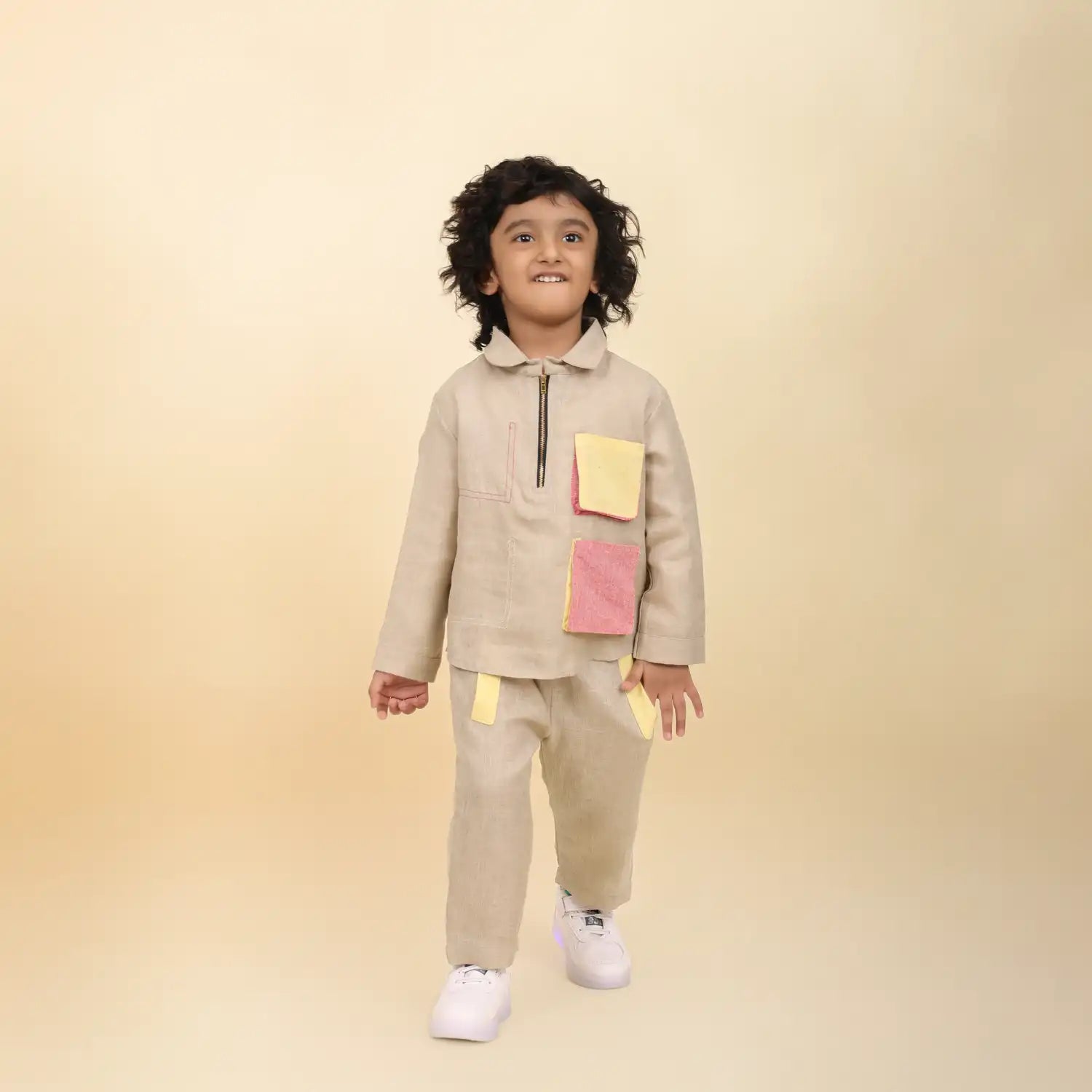 Arrow Linen Co-Ord Set with Abstract Box-Pleated Pockets