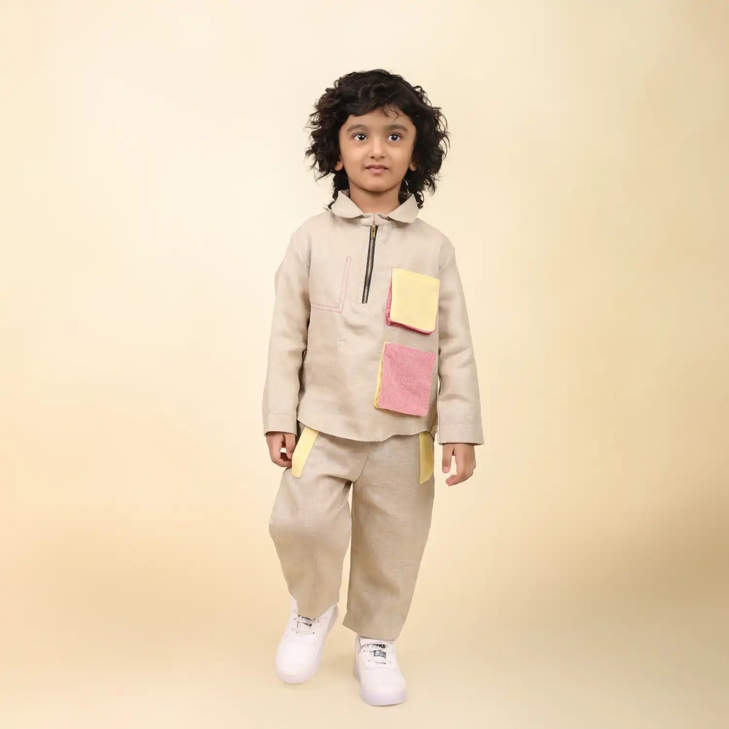 Arrow Linen Co-Ord Set with Abstract Box-Pleated Pockets