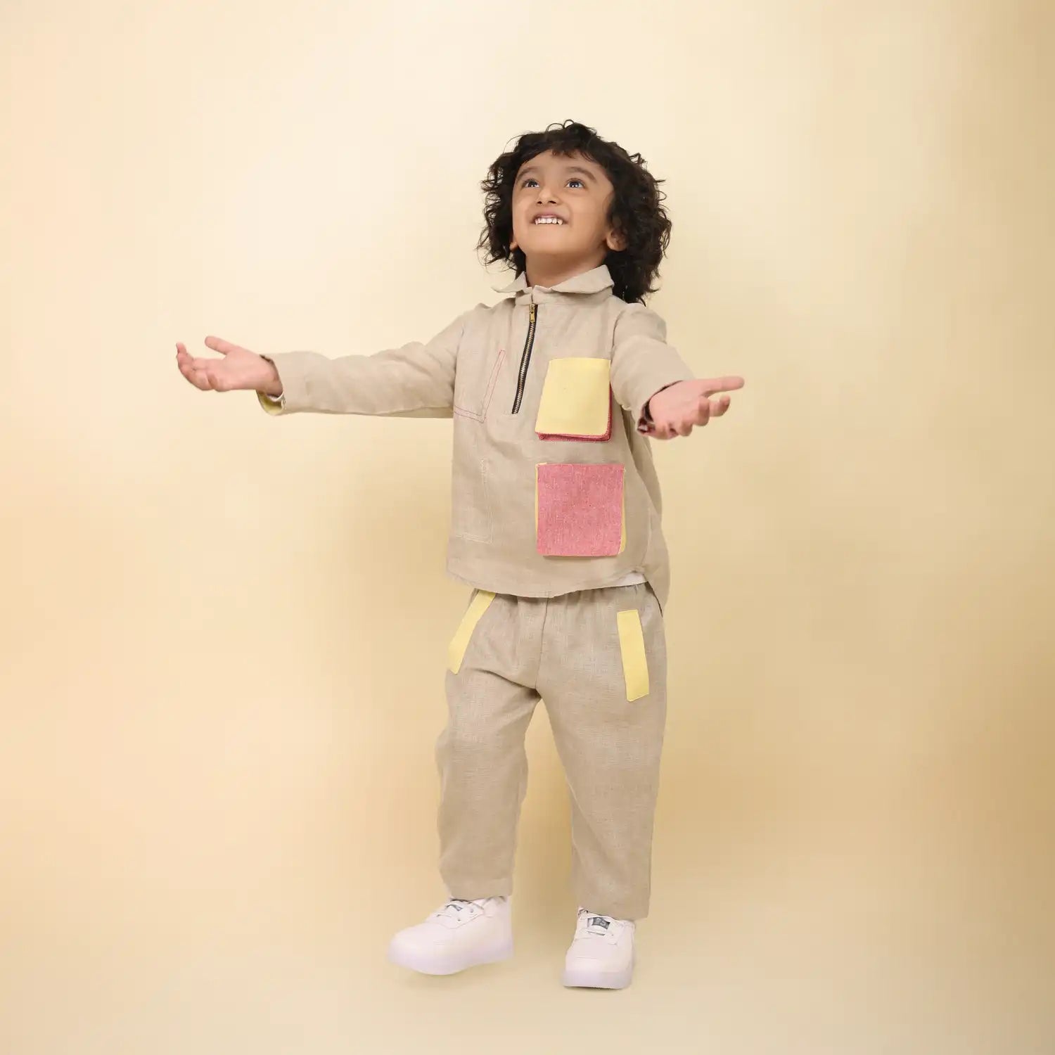 Arrow Linen Co-Ord Set with Abstract Box-Pleated Pockets