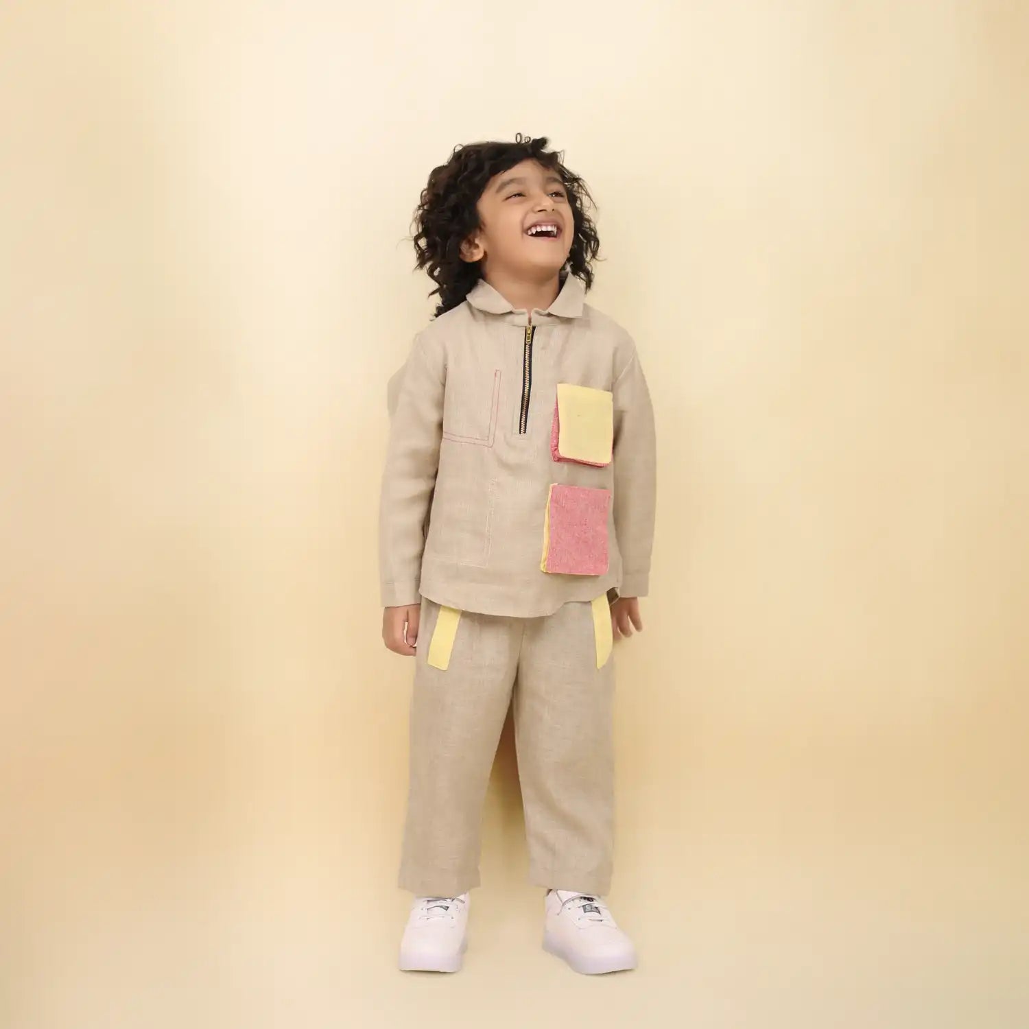 Arrow Linen Co-Ord Set with Abstract Box-Pleated Pockets