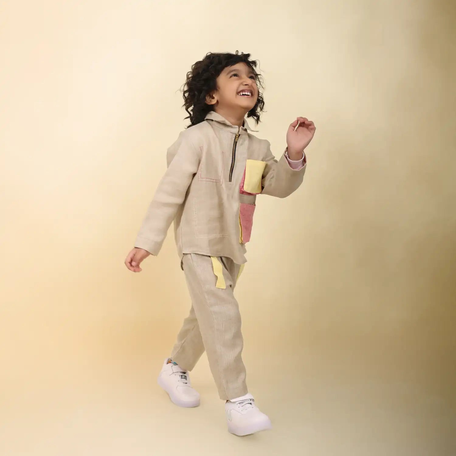 Arrow Linen Co-Ord Set with Abstract Box-Pleated Pockets