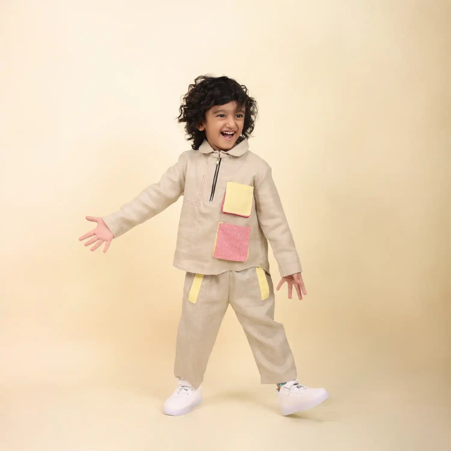 Arrow Linen Co-Ord Set with Abstract Box-Pleated Pockets