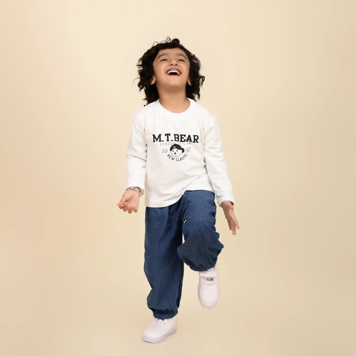 Blue Denim Jogger Pants with Elastic Waist & Cuffed Hem