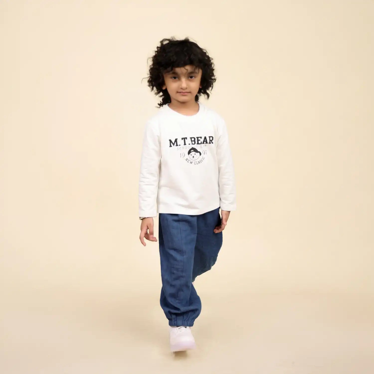 Blue Denim Jogger Pants with Elastic Waist & Cuffed Hem