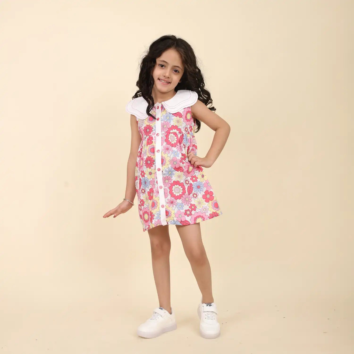 Tropical Blossom Dress with White Scallop Collar