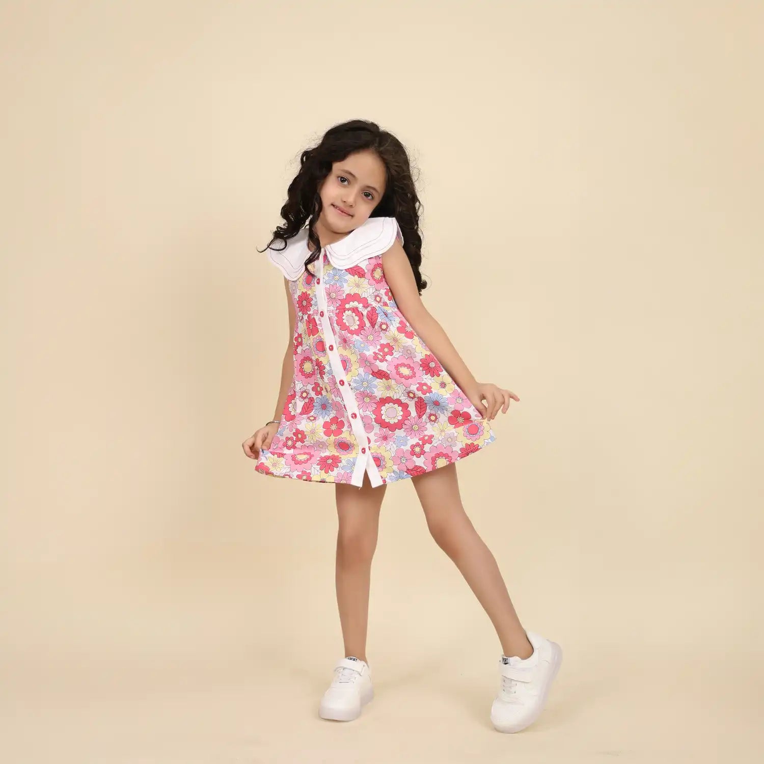 Tropical Blossom Dress with White Scallop Collar