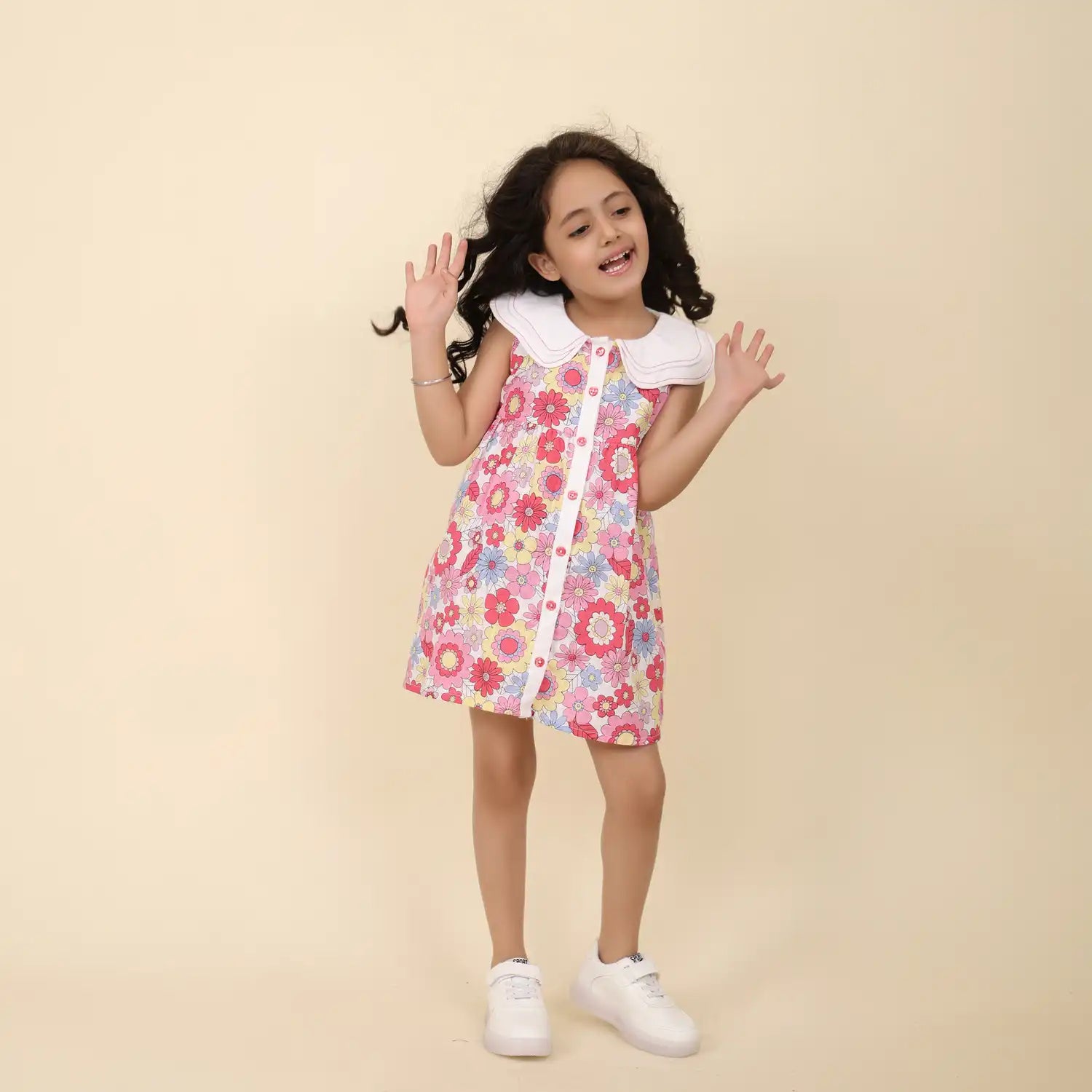 Tropical Blossom Dress with White Scallop Collar