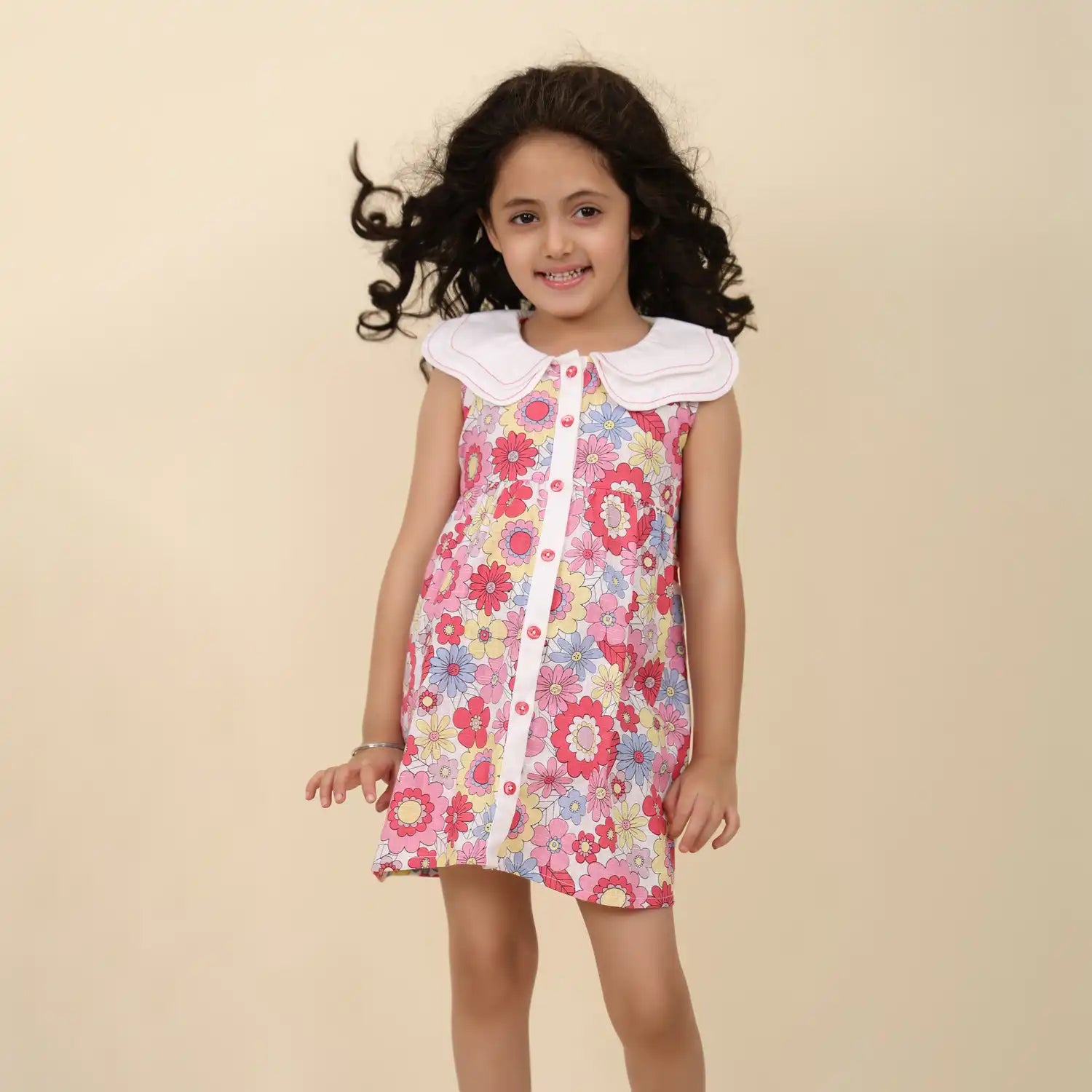 Tropical Blossom Dress with White Scallop Collar