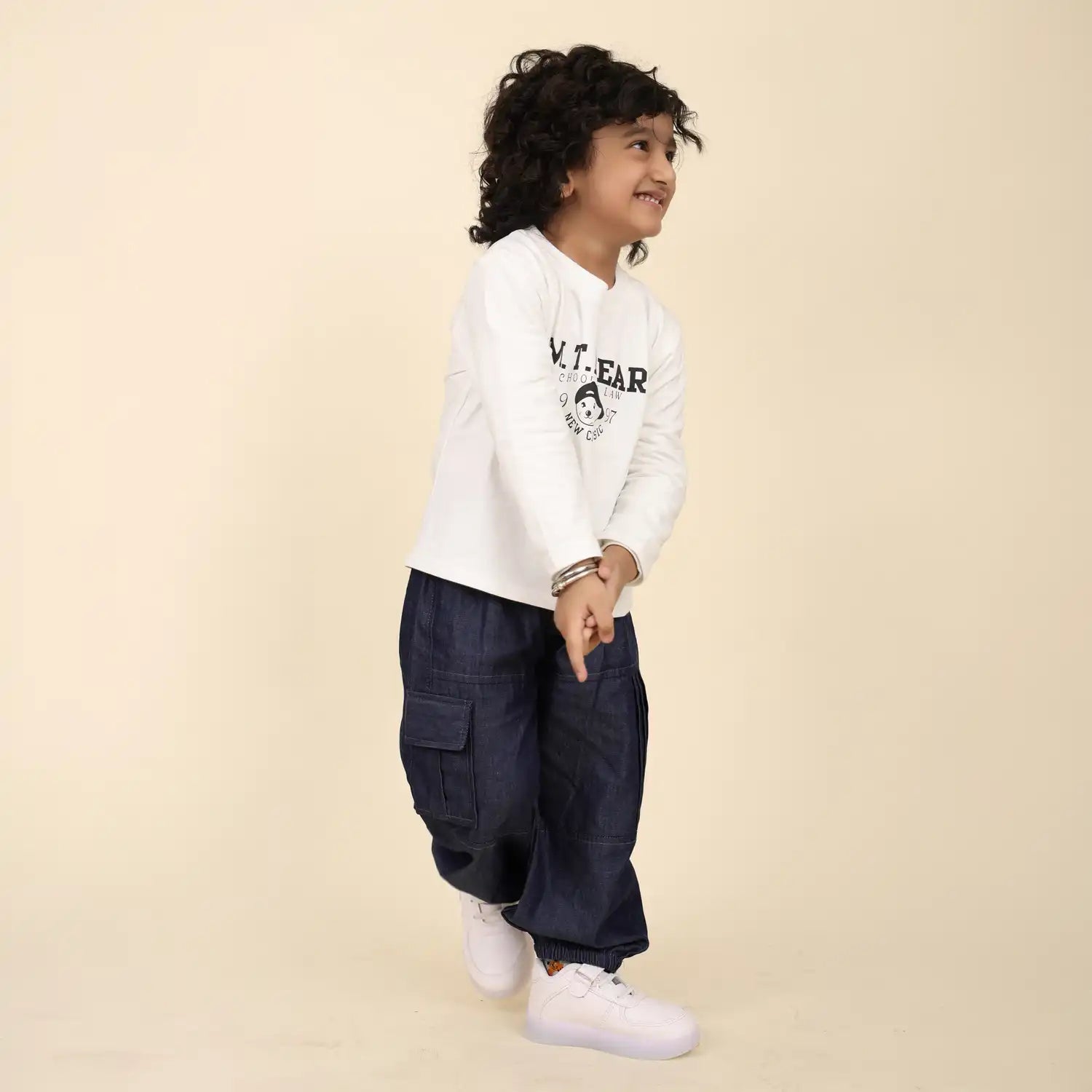 Denim Cargo-Style  Pants with Utility Pockets & Anchor Detail