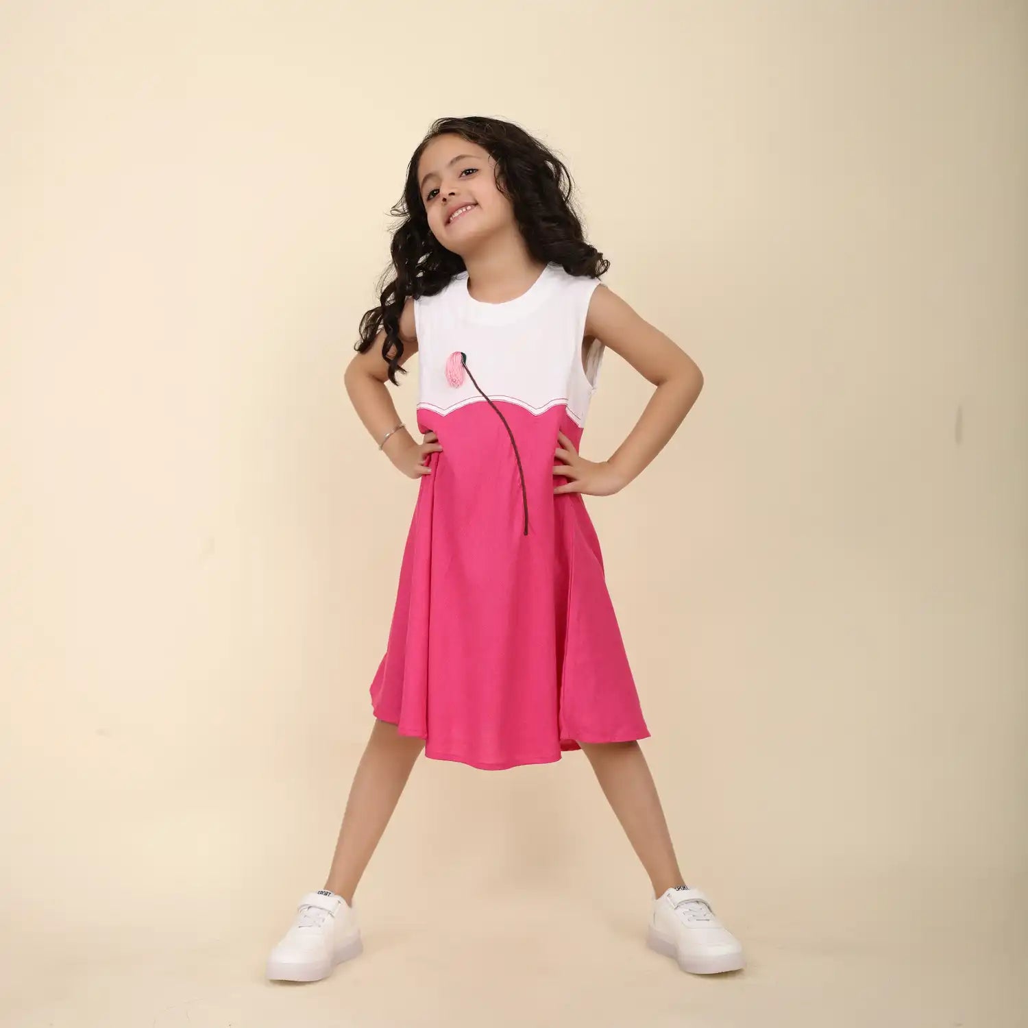 Girls’ Summer Linen Cotton Dress with Pink Accent