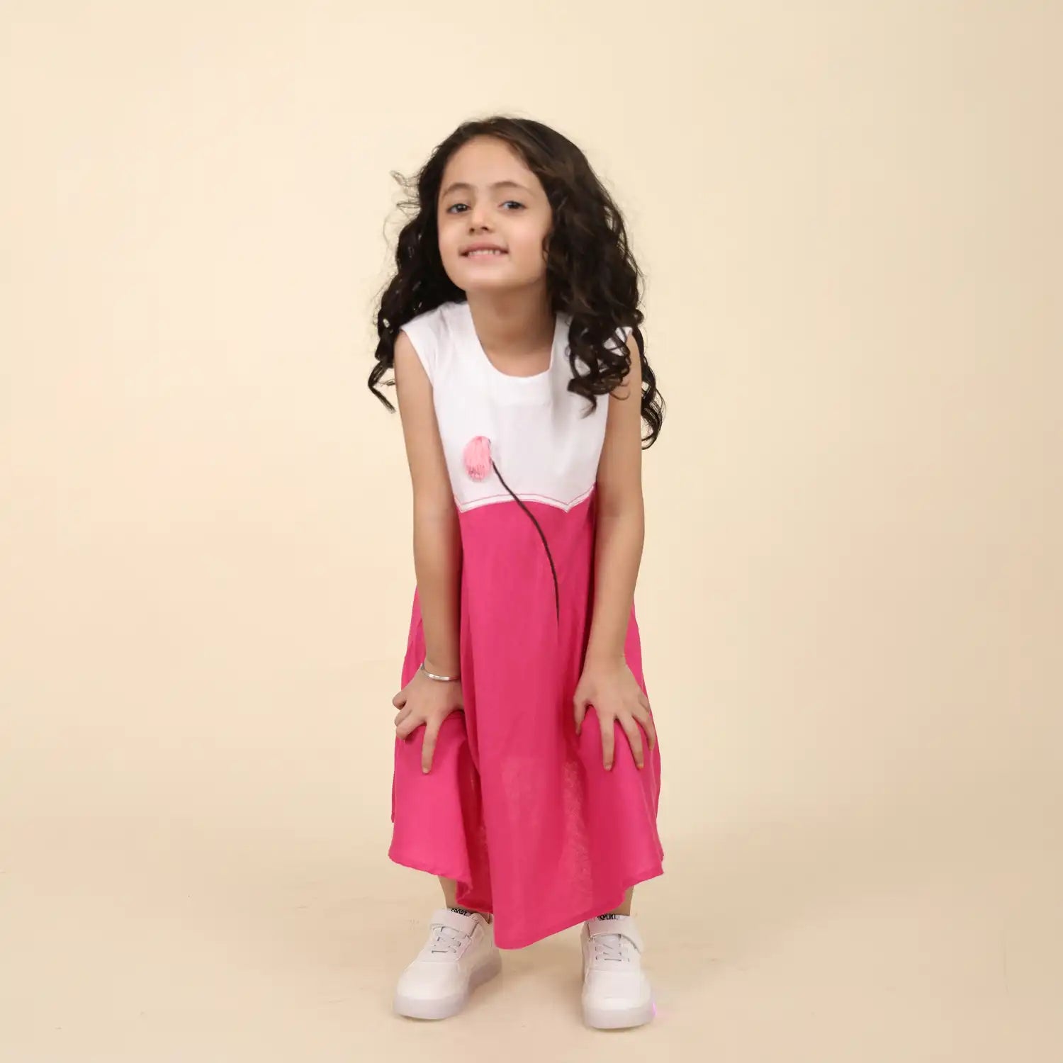 Girls’ Summer Linen Cotton Dress with Pink Accent