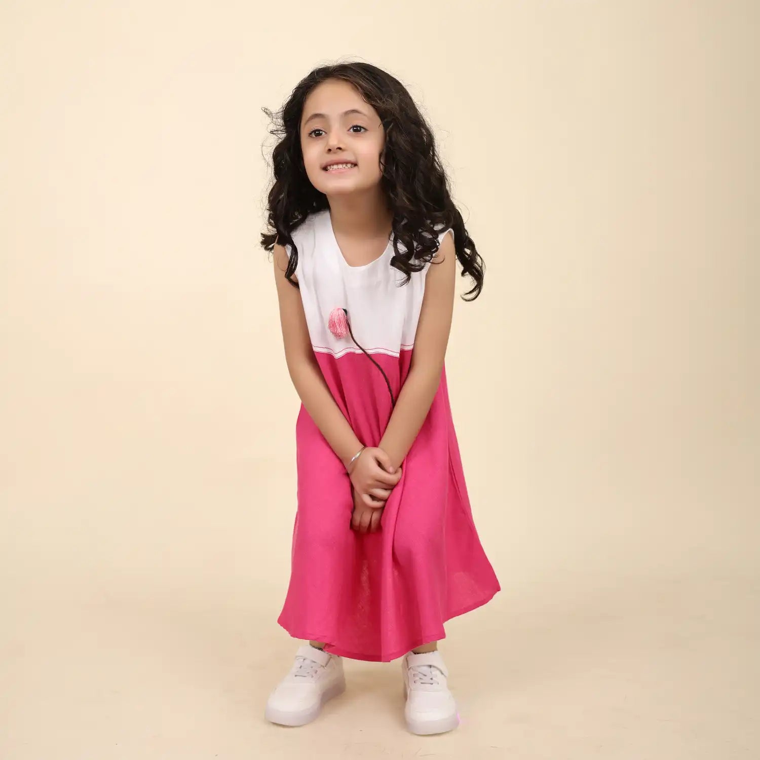 Girls’ Summer Linen Cotton Dress with Pink Accent
