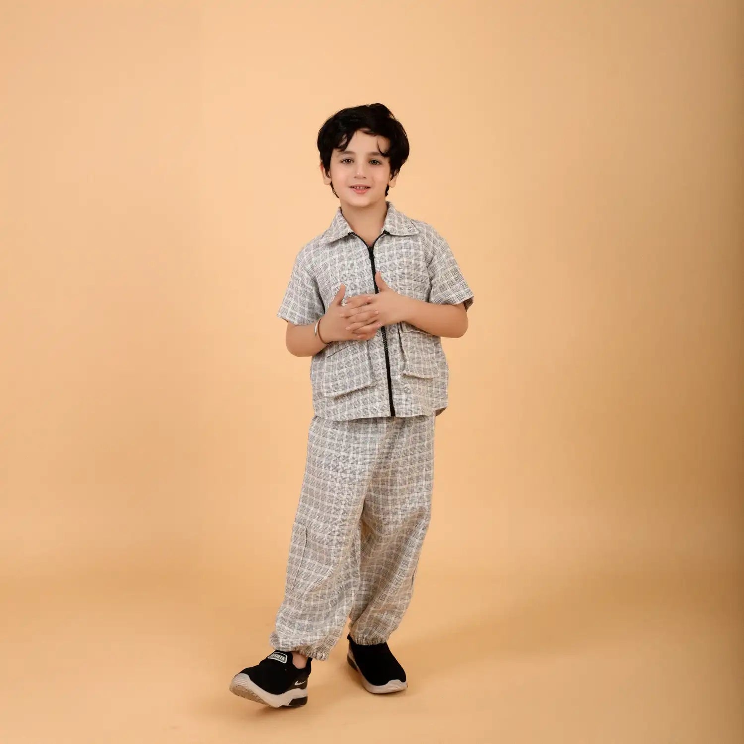 Grey Checkered Zip Shirt & Relaxed Pants Co-ord Set