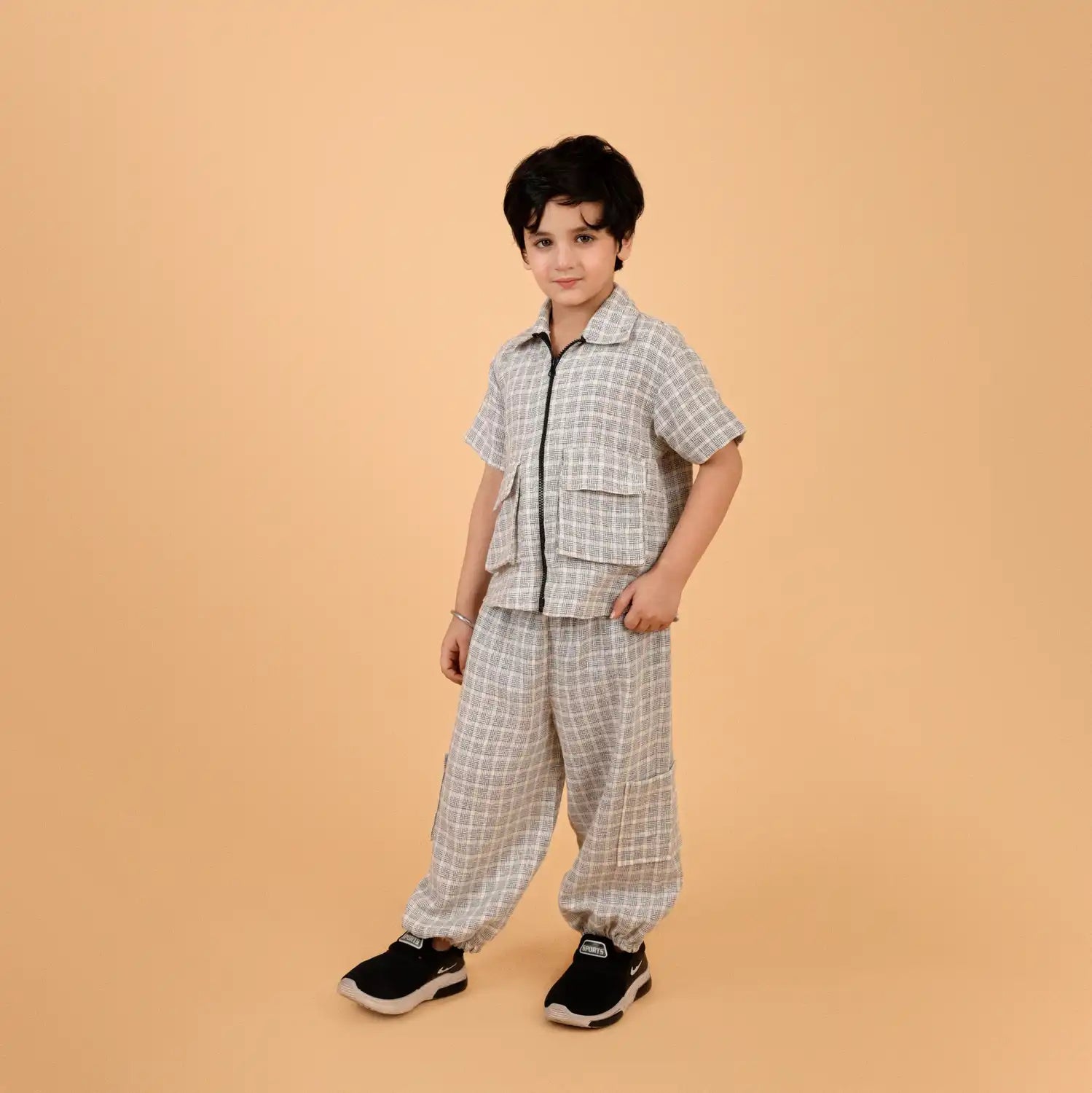 Grey Checkered Zip Shirt & Relaxed Pants Co-ord Set