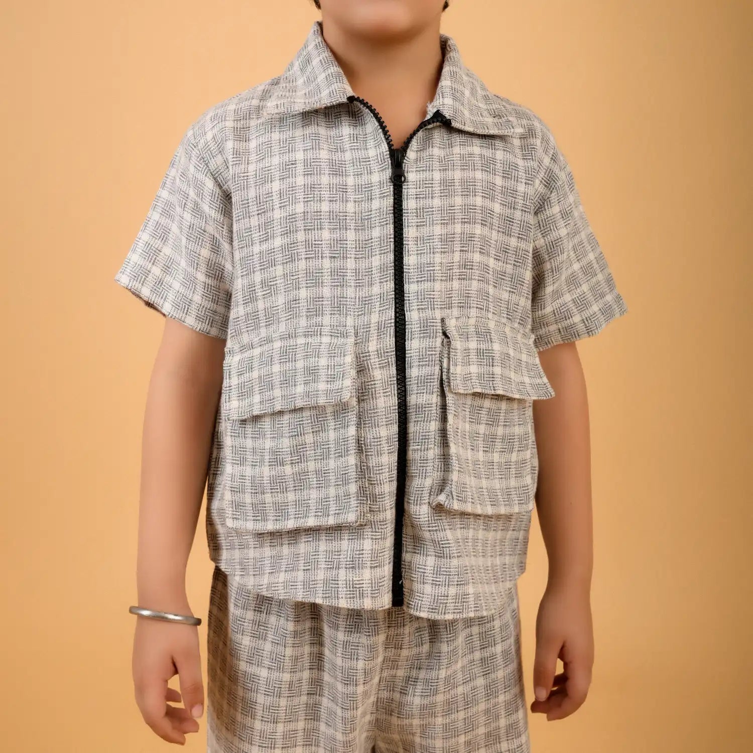 Grey Checkered Zip Shirt & Relaxed Pants Co-ord Set