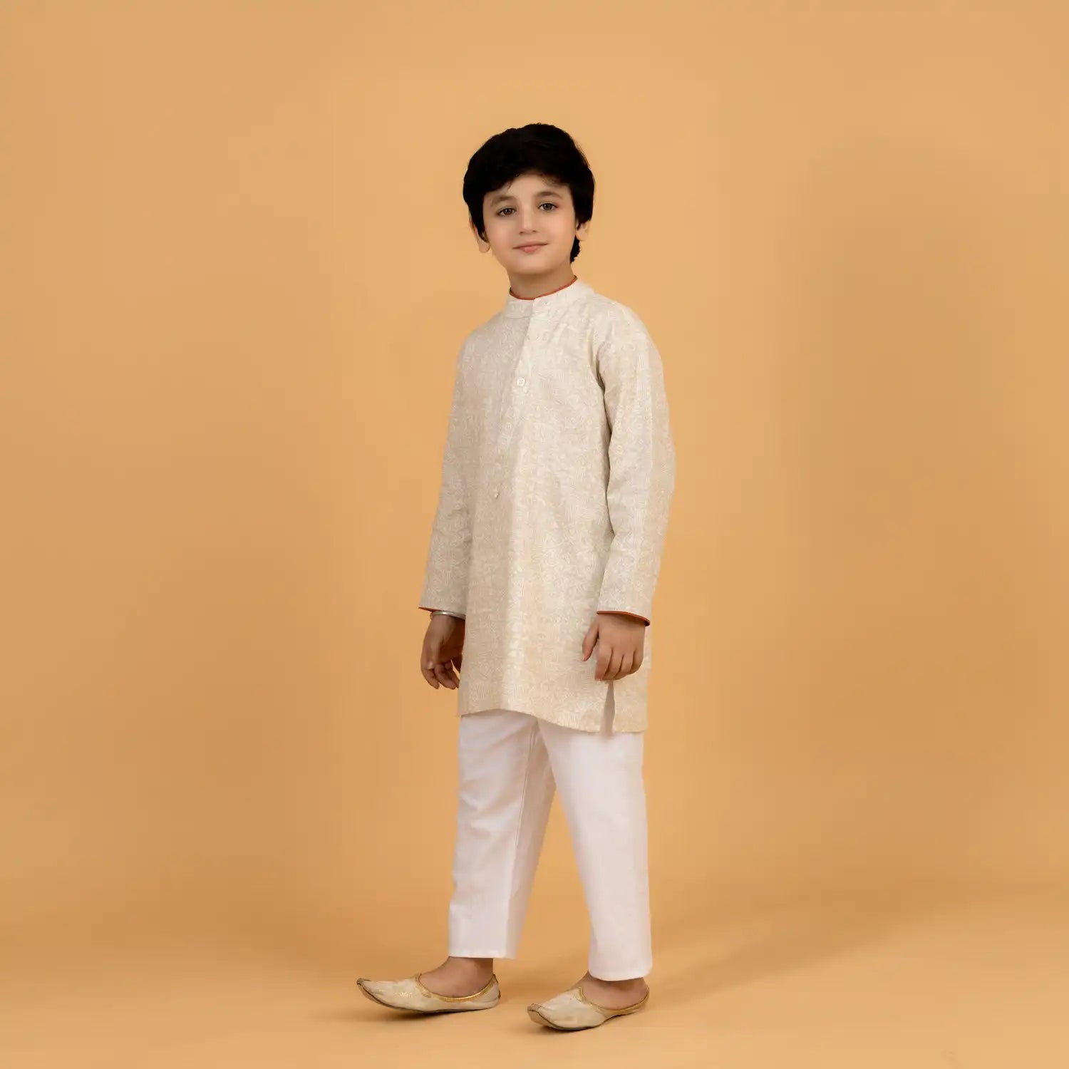 Abstract Beige Linen Kurta with White Cotton Pajama