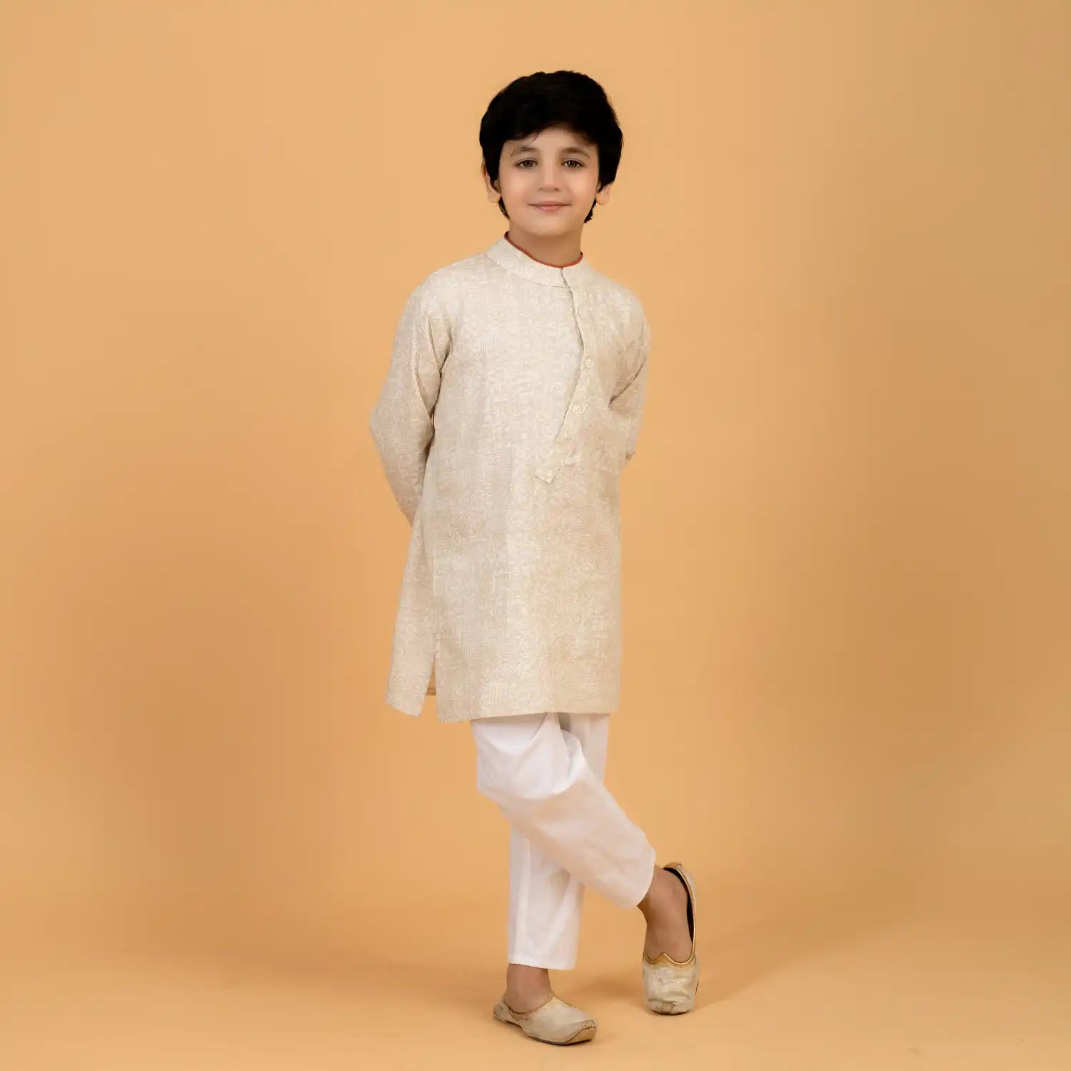 Abstract Beige Linen Kurta with White Cotton Pajama