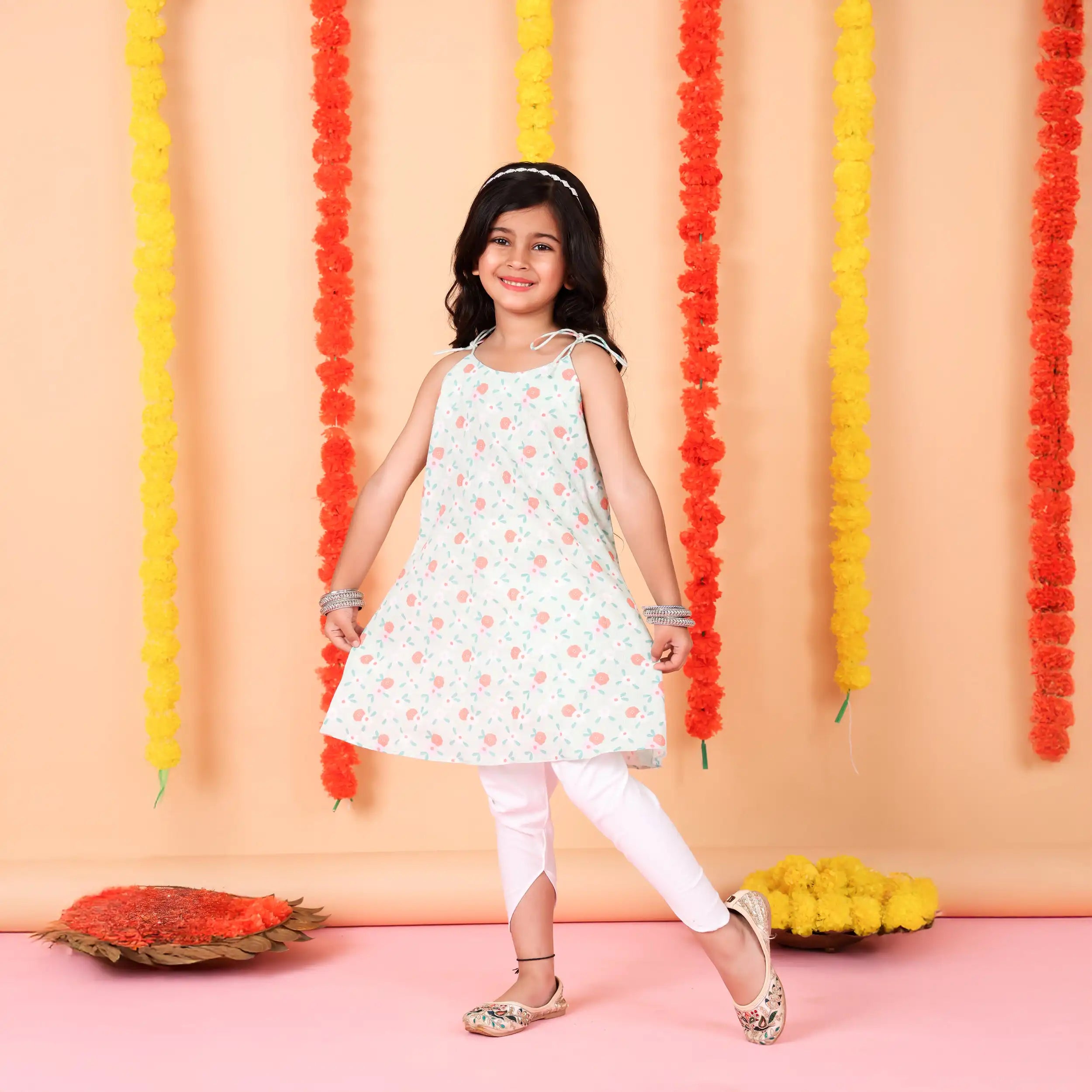 Mint Green Floral Tunic with White Dhoti Pants