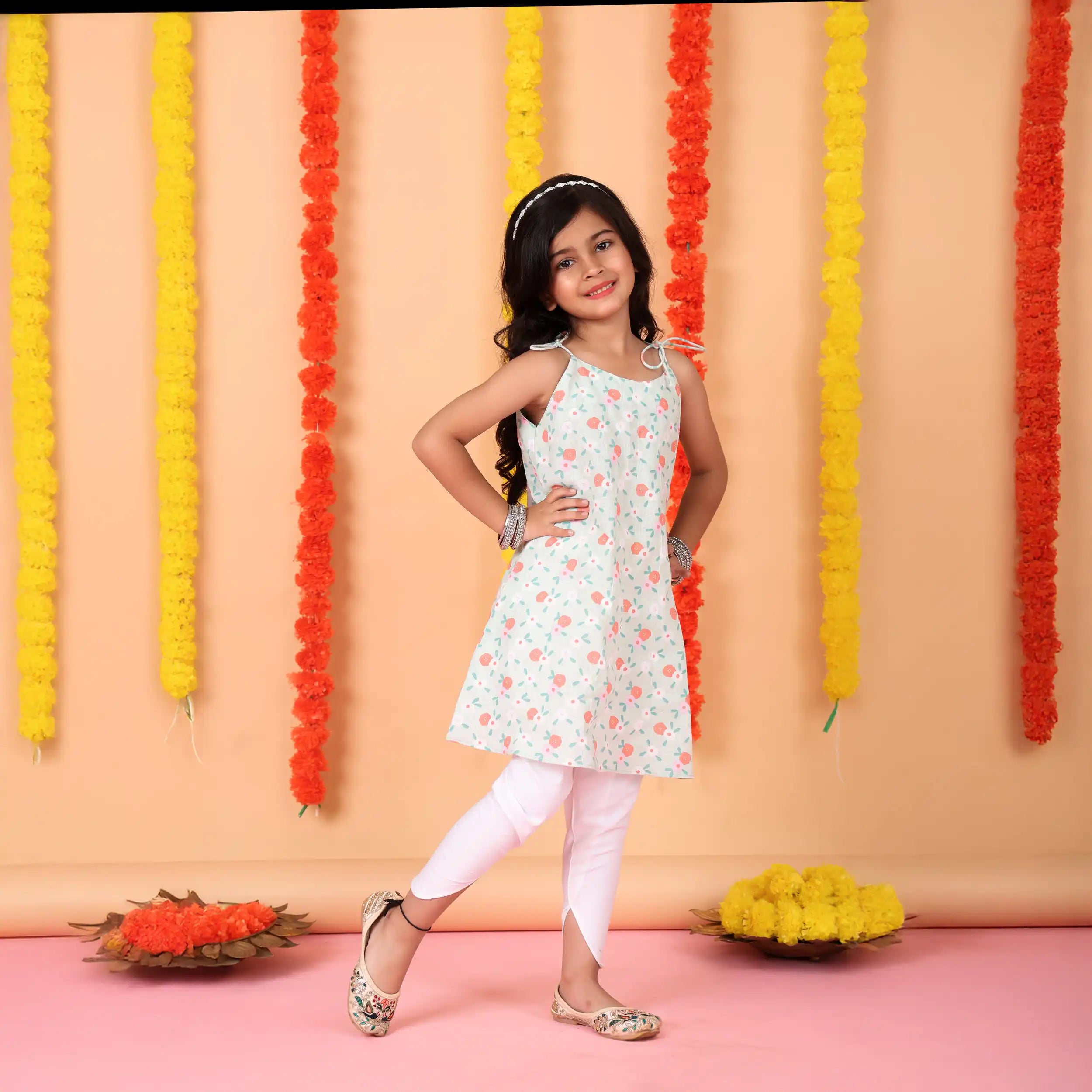 Mint Green Floral Tunic with White Dhoti Pants