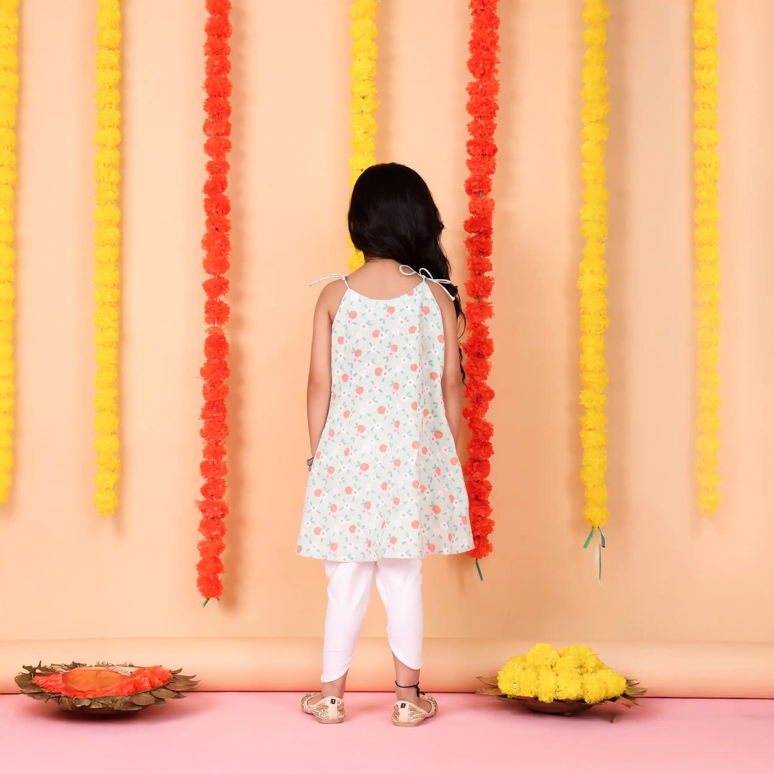 Mint Green Floral Tunic with White Dhoti Pants