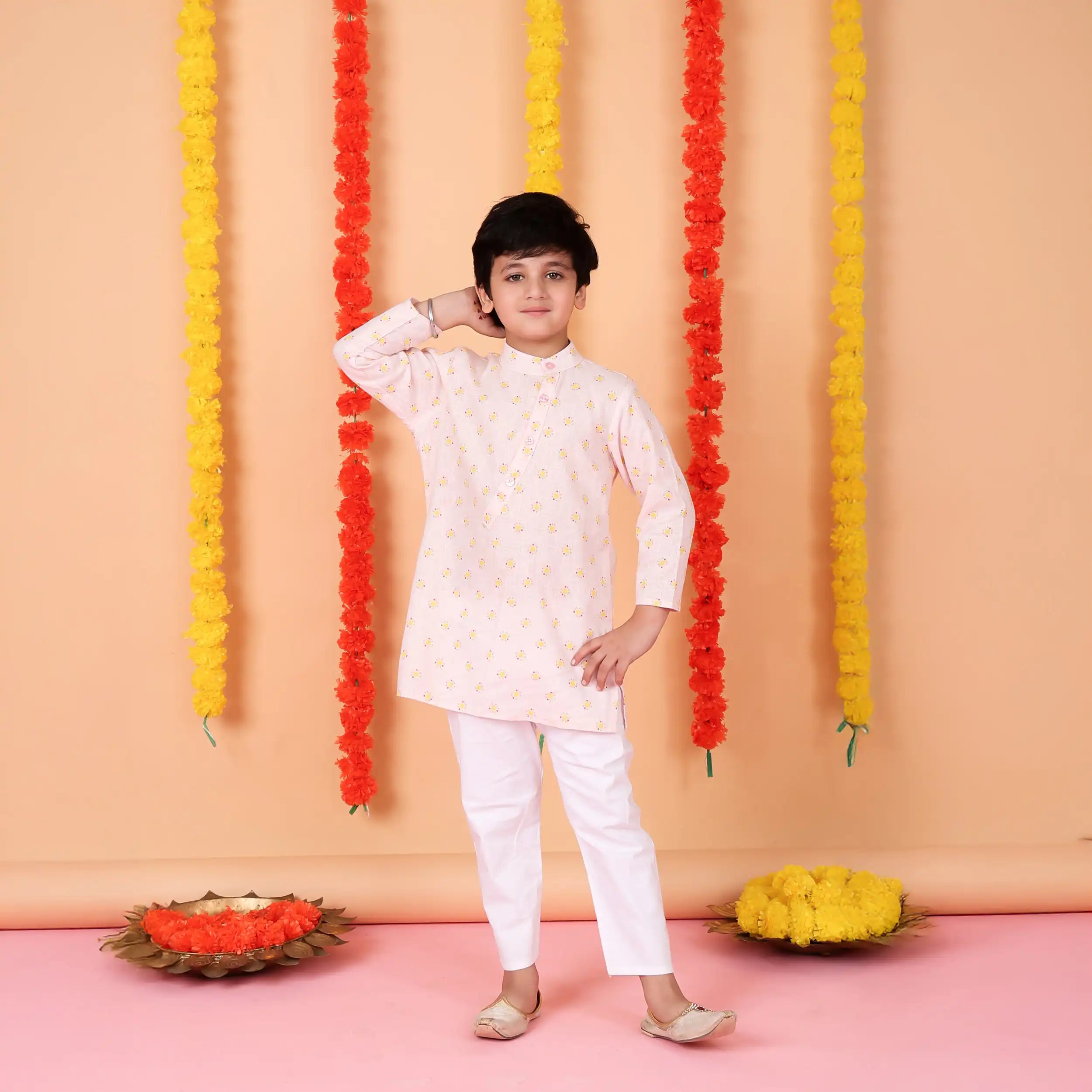 Pastel Pink  Floral Boys’ Kurta Set with White Pajama