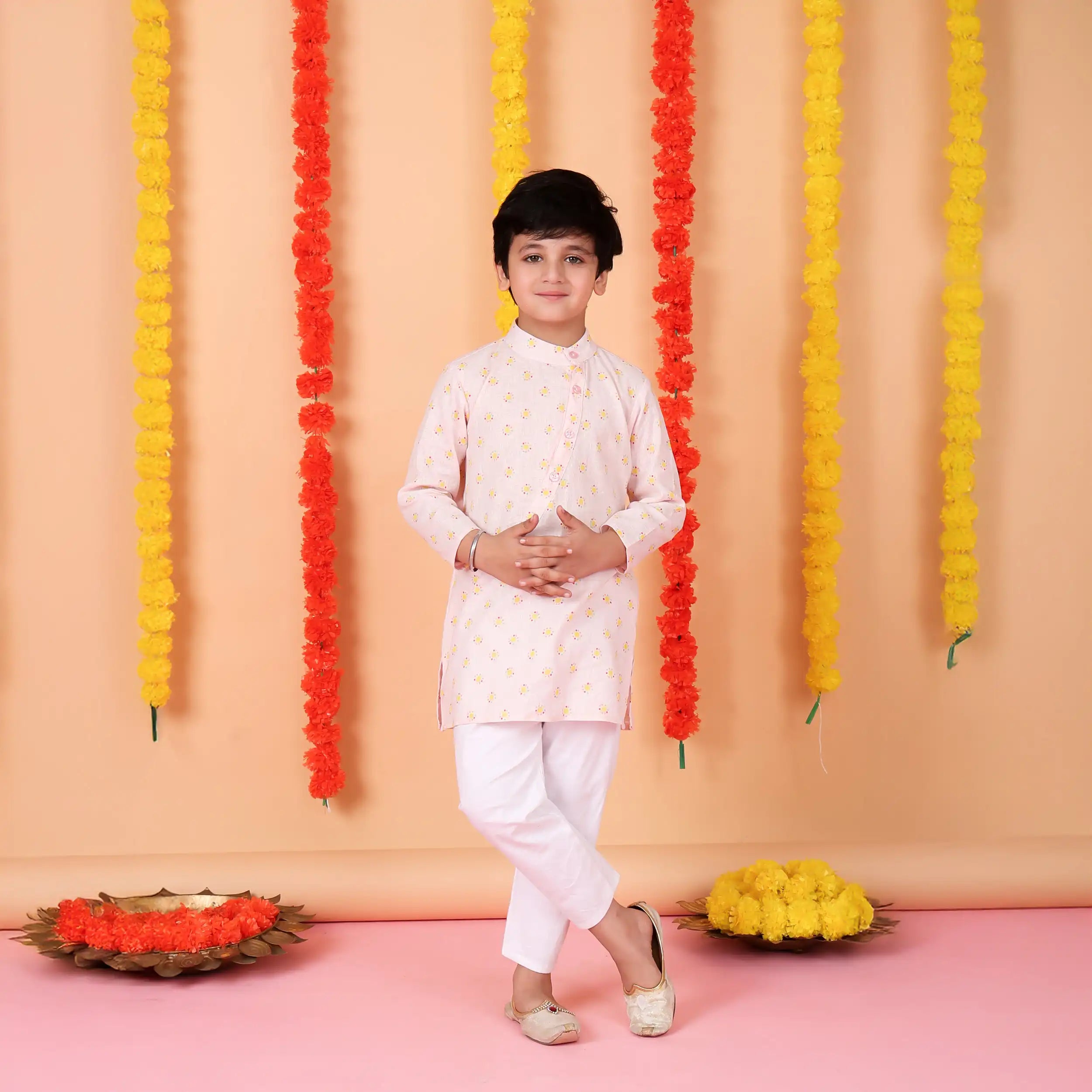 Pastel Pink  Floral Boys’ Kurta Set with White Pajama