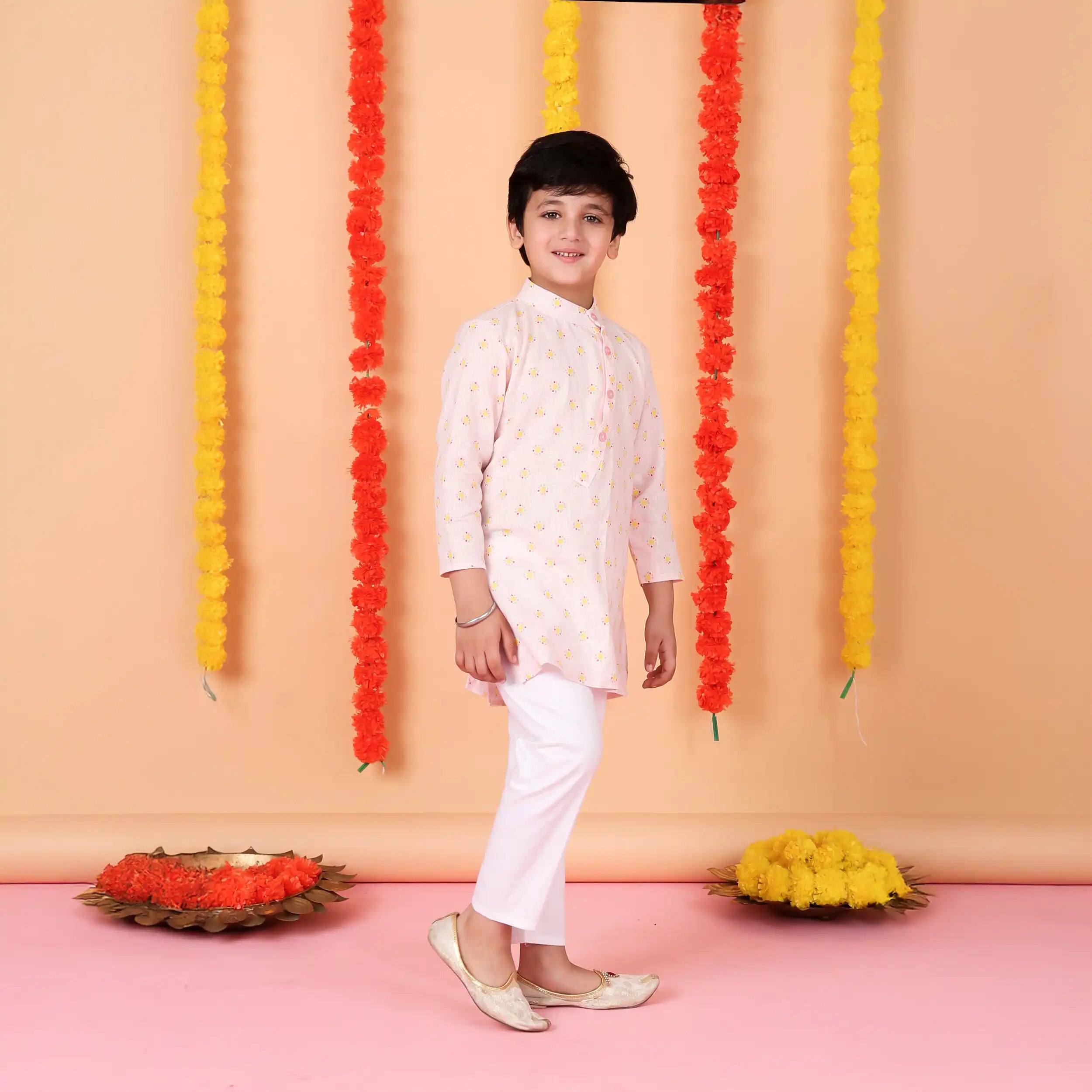 Pastel Pink  Floral Boys’ Kurta Set with White Pajama