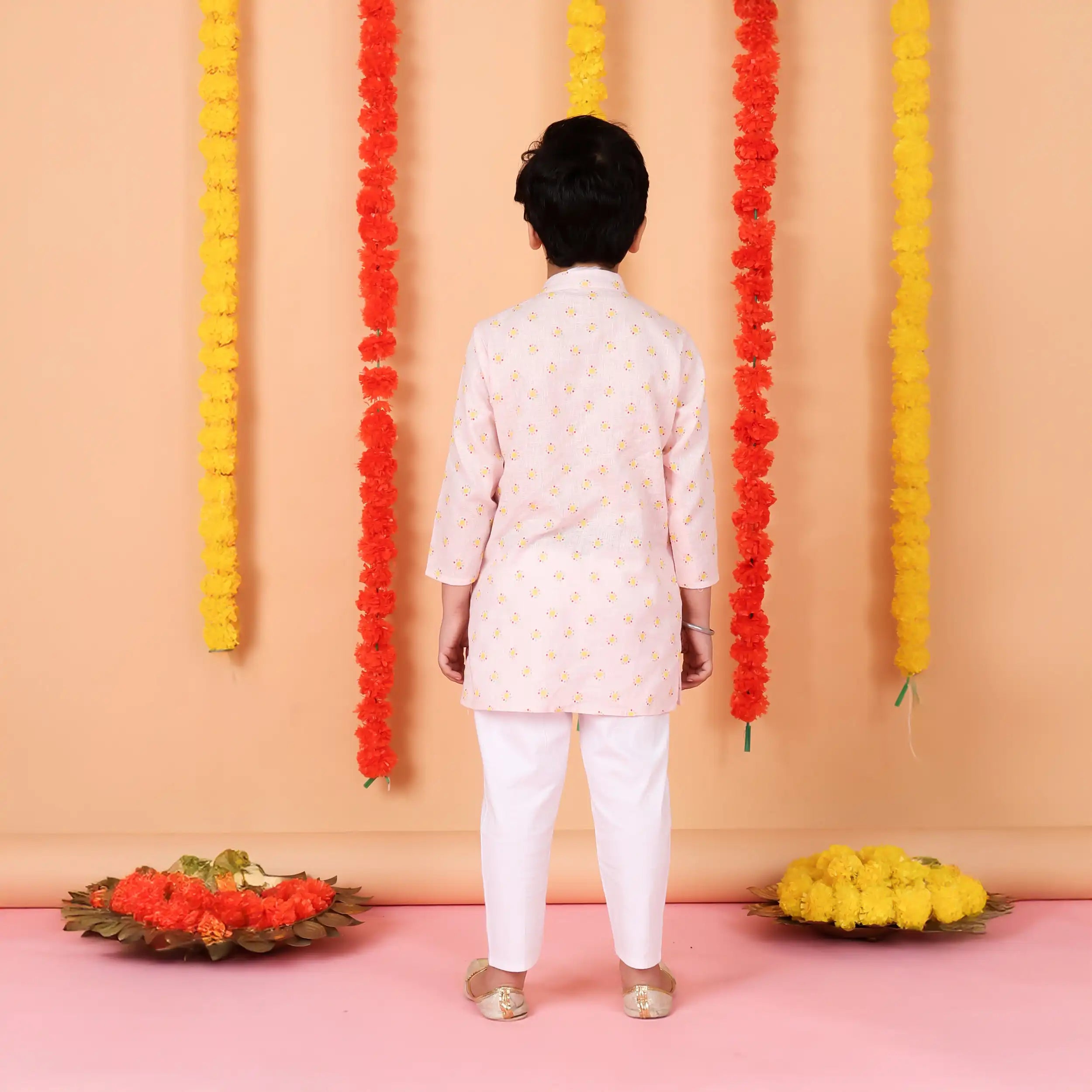 Pastel Pink  Floral Boys’ Kurta Set with White Pajama