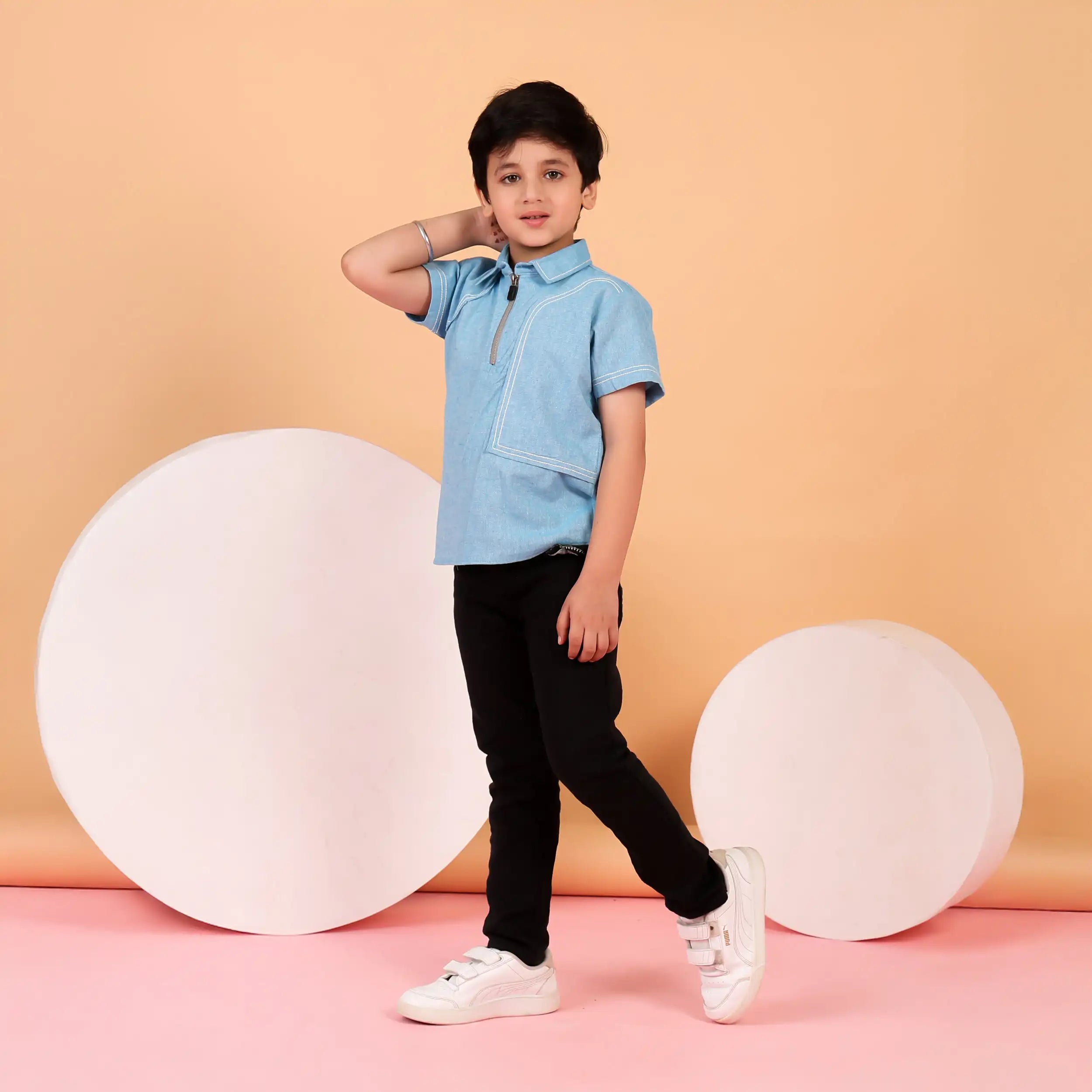 Zipper Collar Blue  Casual Shirt