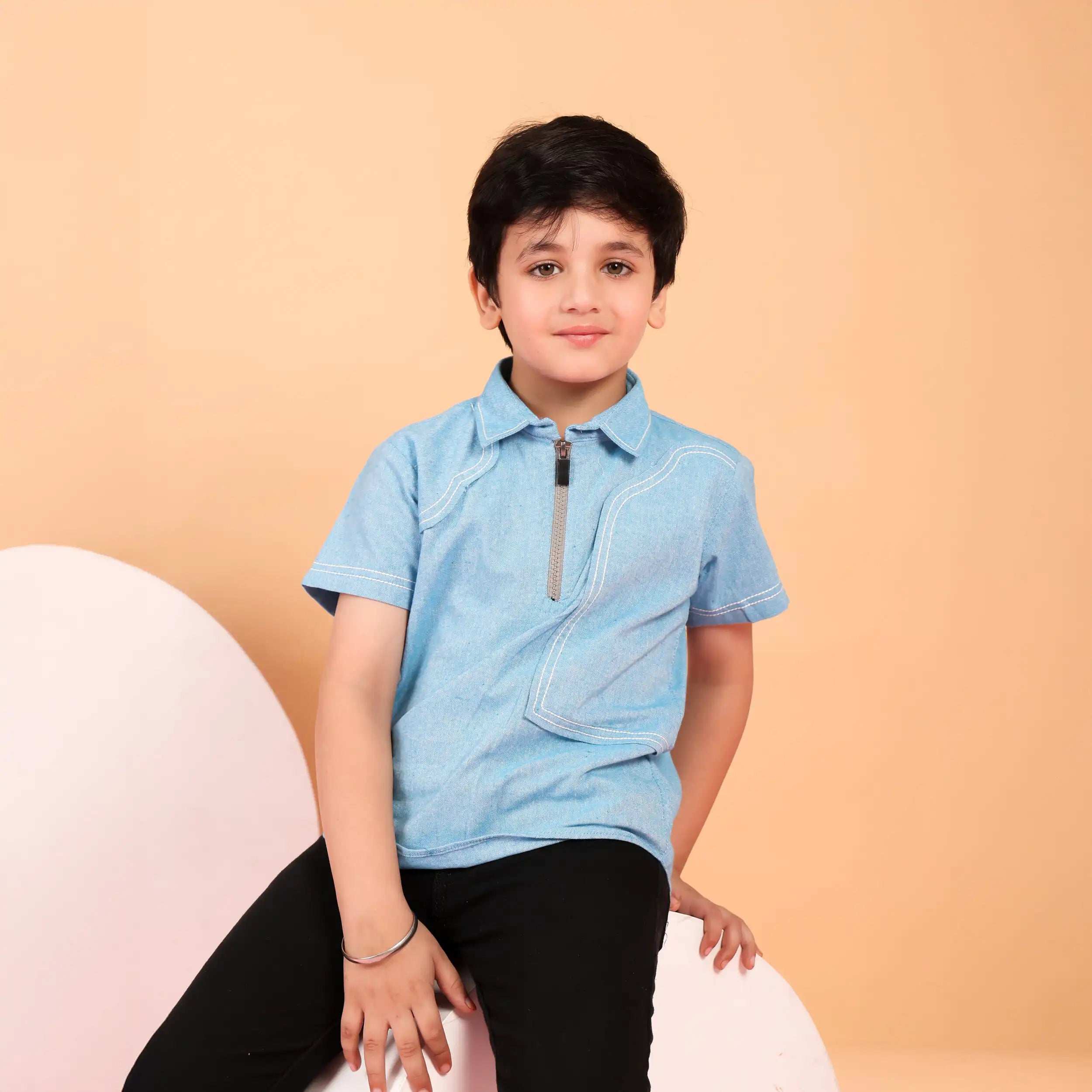 Zipper Collar Blue  Casual Shirt