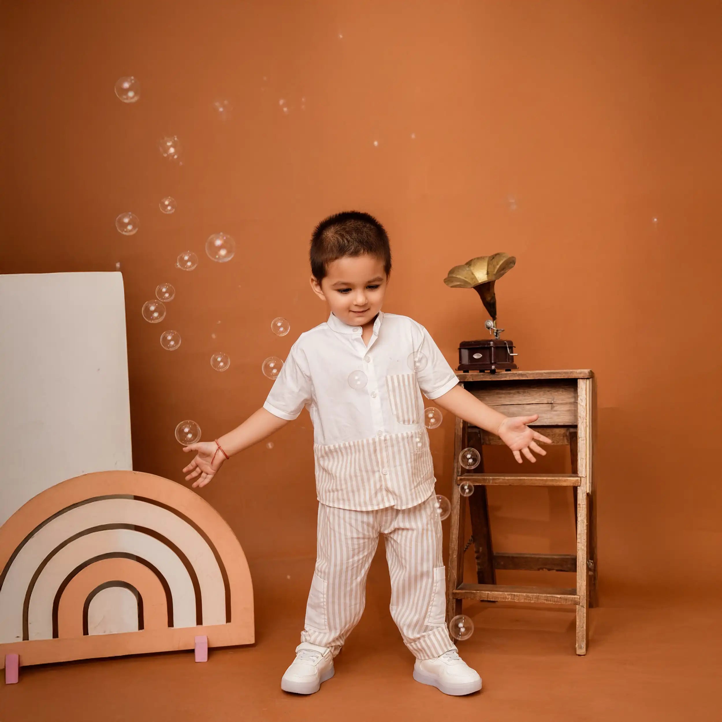 Beige & White Striped Chinese Collar Co-ord Set with Contrast Pockets