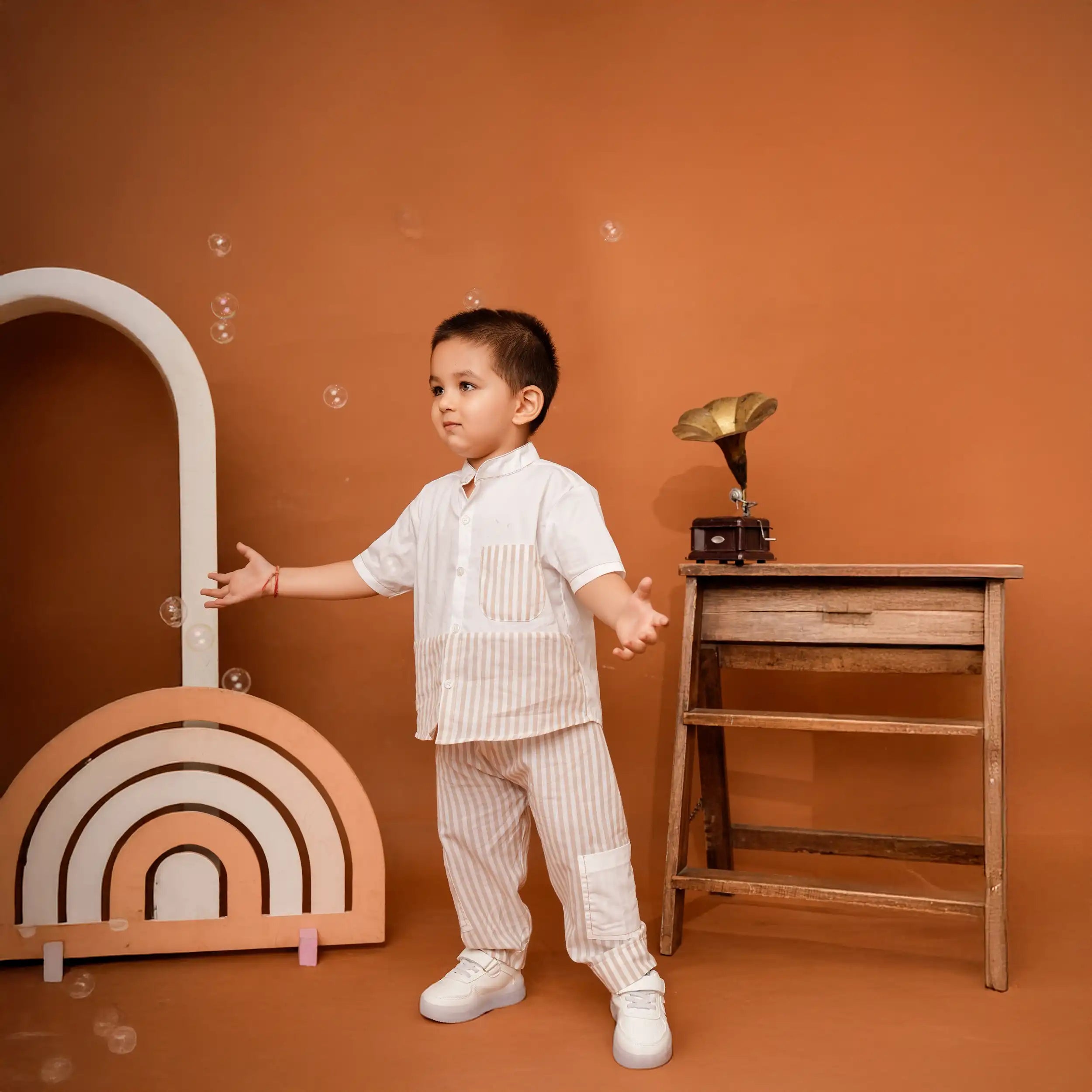 Beige & White Striped Chinese Collar Co-ord Set with Contrast Pockets