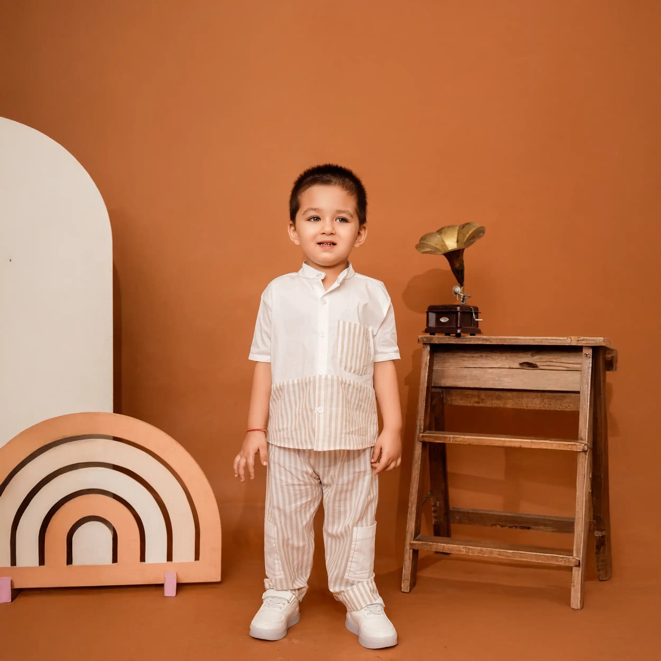 Beige & White Striped Chinese Collar Co-ord Set with Contrast Pockets