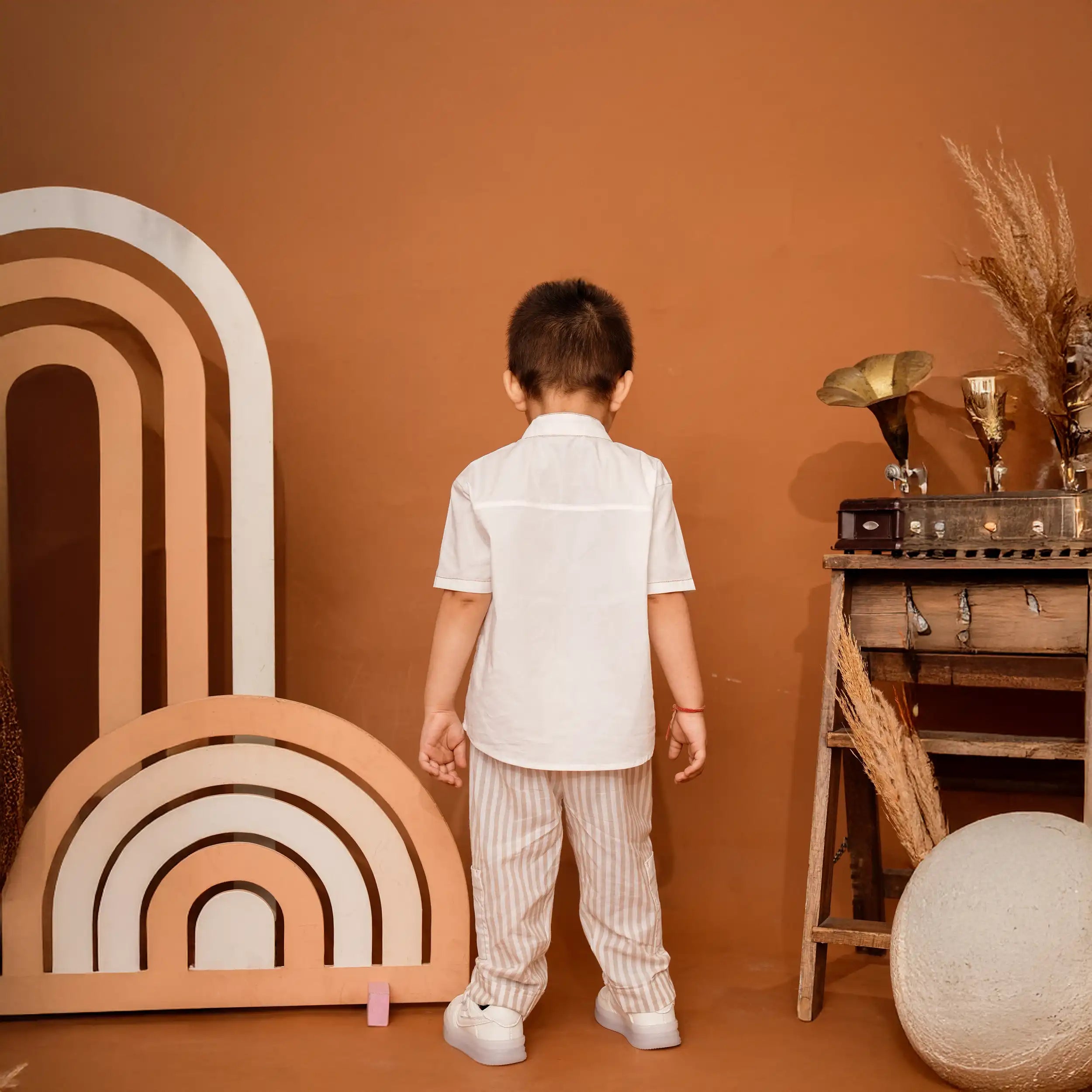 Beige & White Striped Chinese Collar Co-ord Set with Contrast Pockets