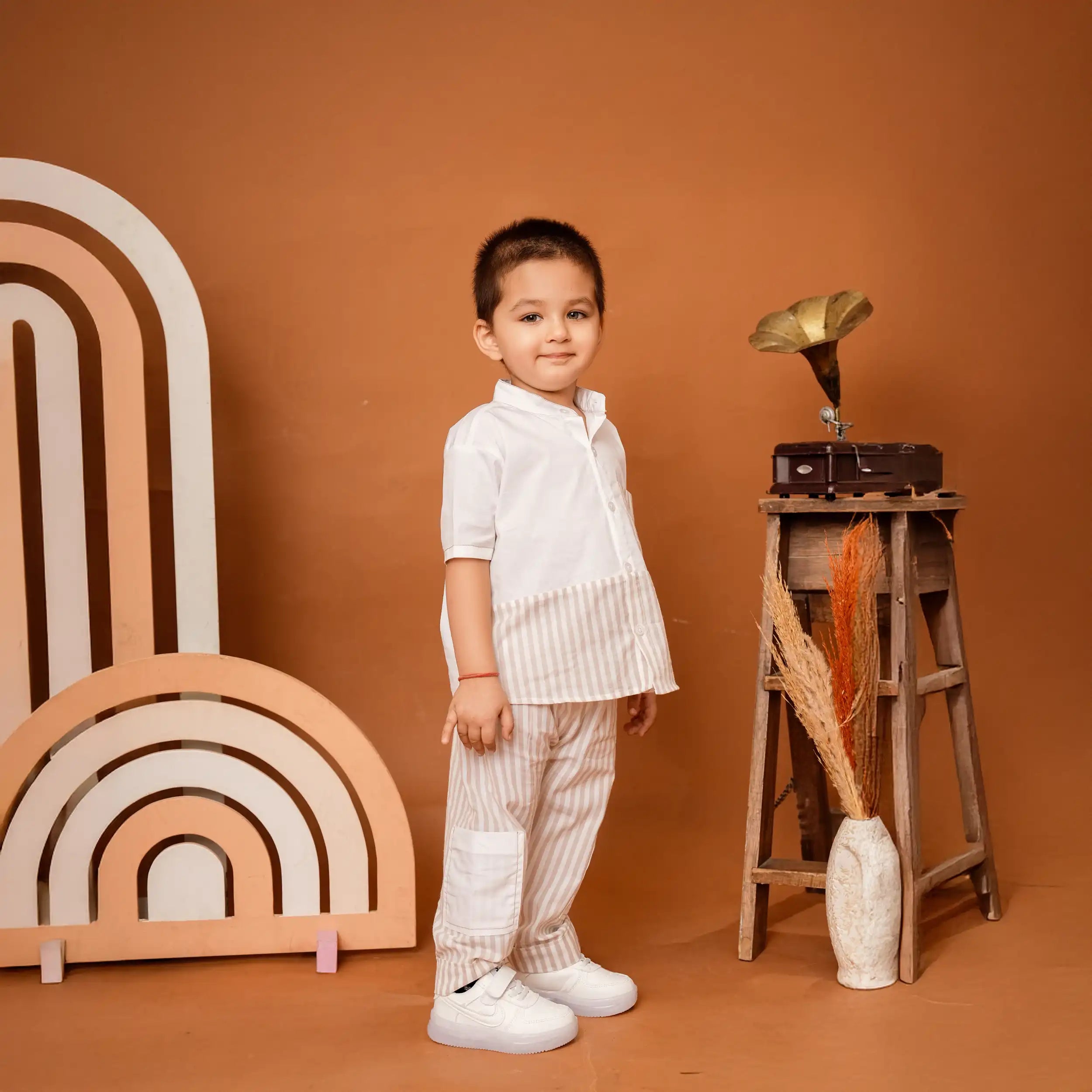 Beige & White Striped Chinese Collar Co-ord Set with Contrast Pockets