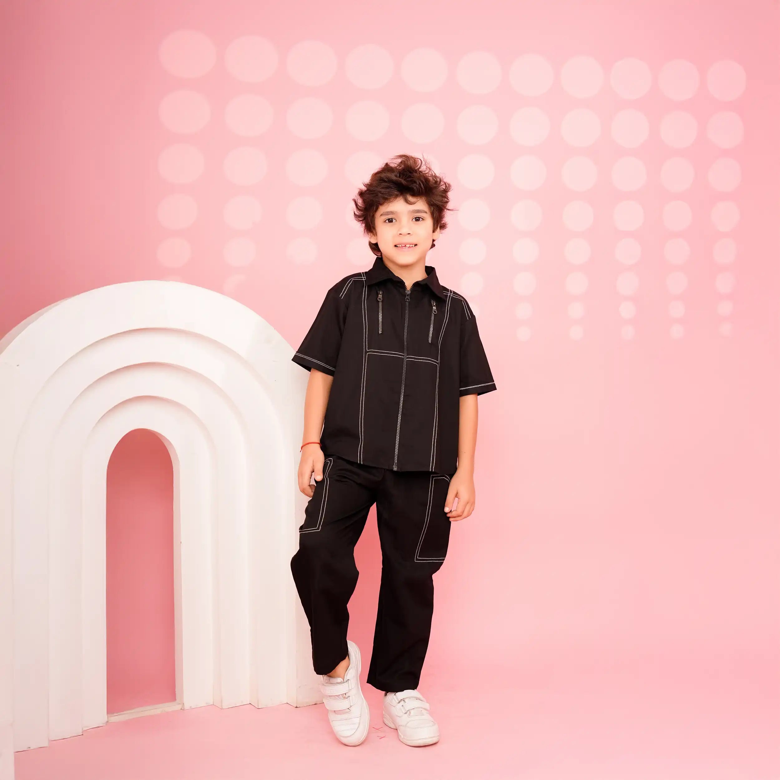 Black Anchor Detailed Co-ord Set with Twin Zipper Pattern