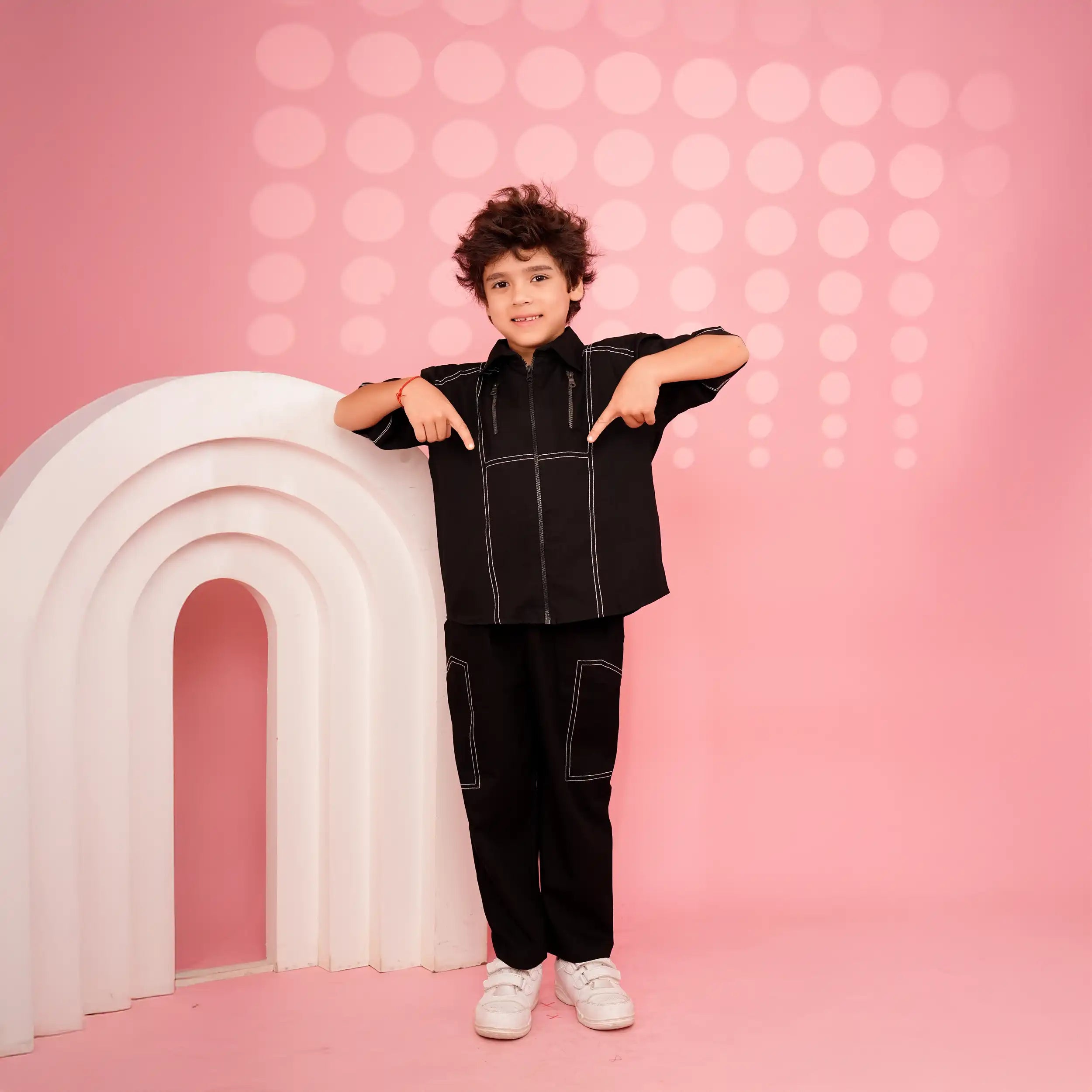 Black Anchor Detailed Co-ord Set with Twin Zipper Pattern