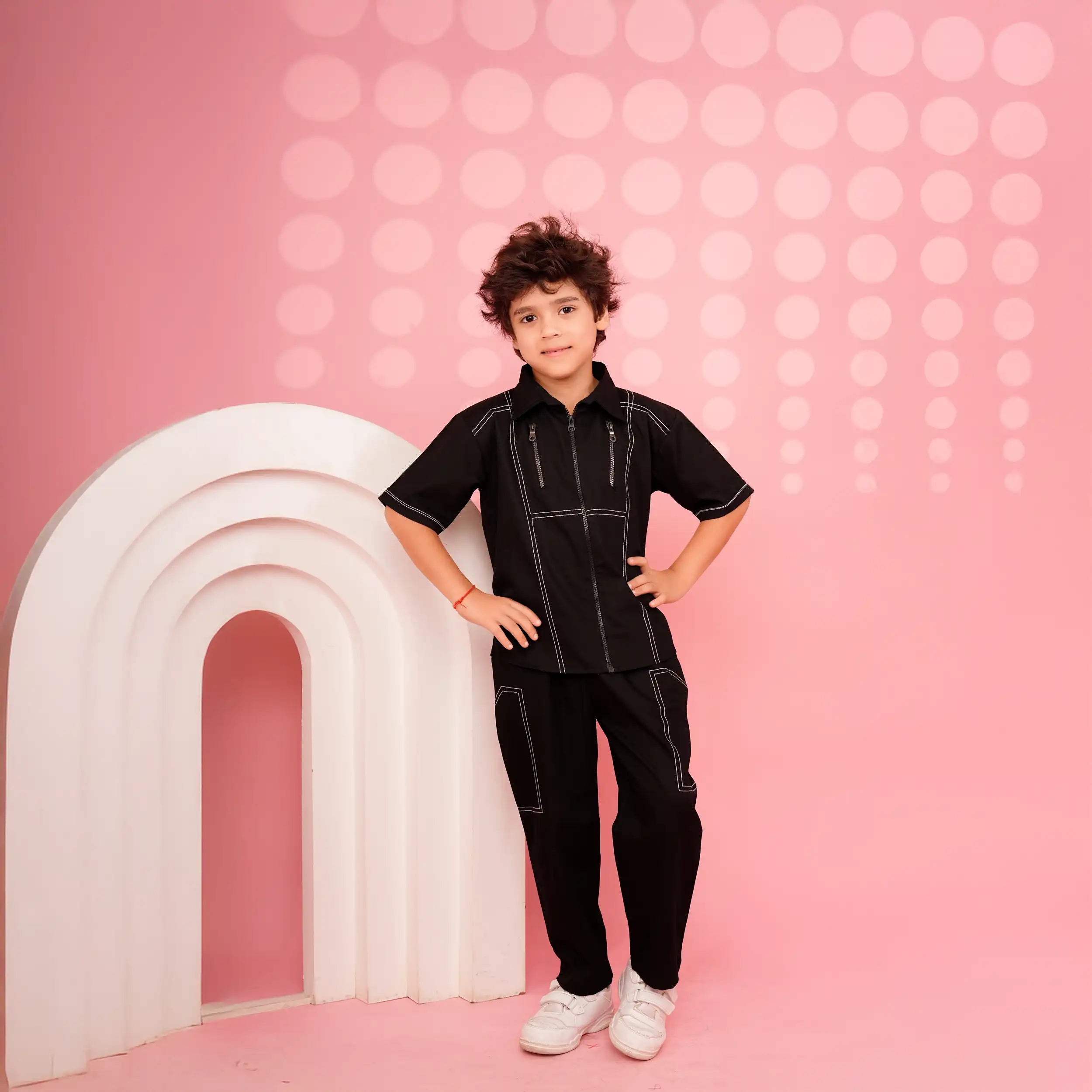 Black Anchor Detailed Co-ord Set with Twin Zipper Pattern