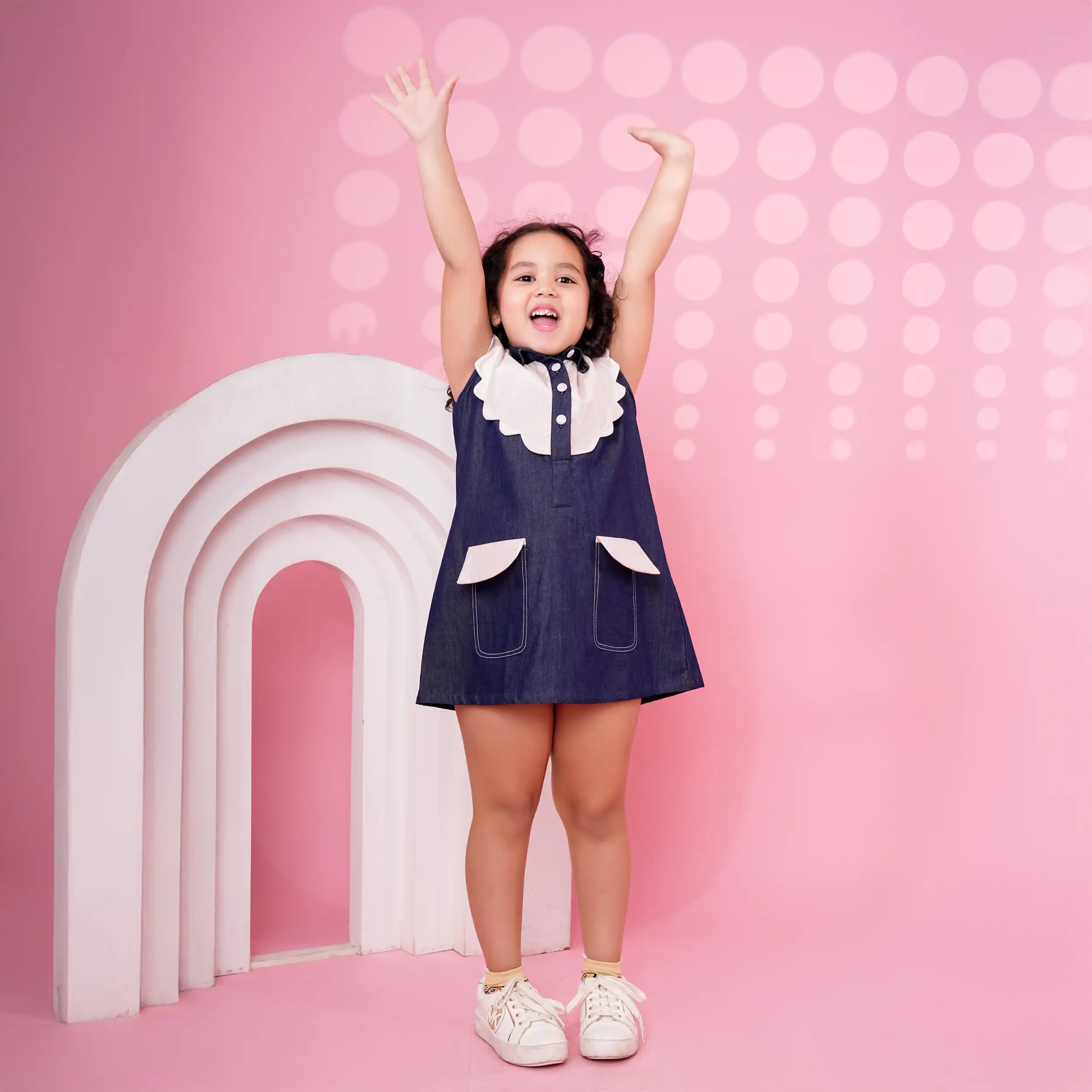 Blue Denim A-Line Dress with Scallop Sparkle Collar