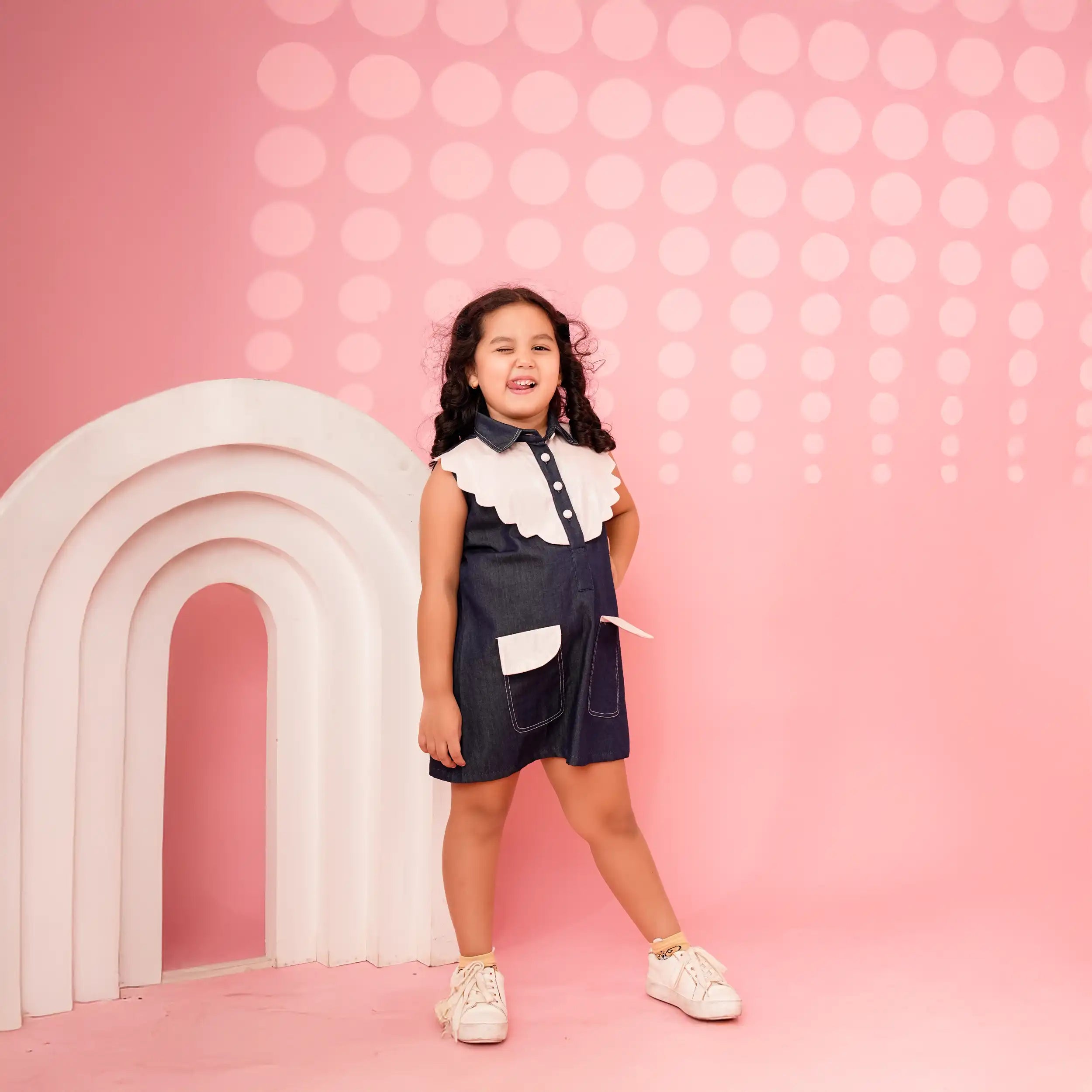 Blue Denim A-Line Dress with Scallop Sparkle Collar