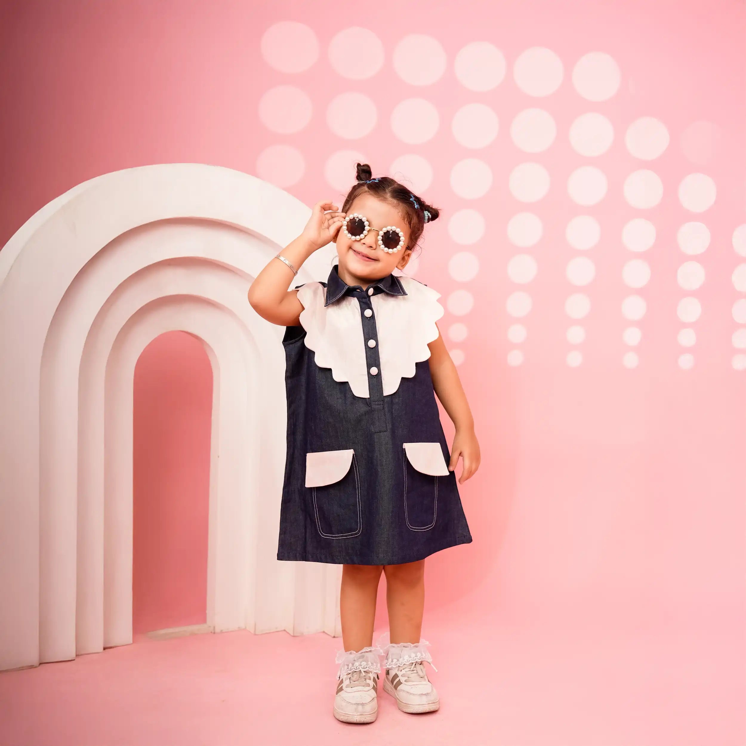 Blue Denim A-Line Dress with Scallop Sparkle Collar