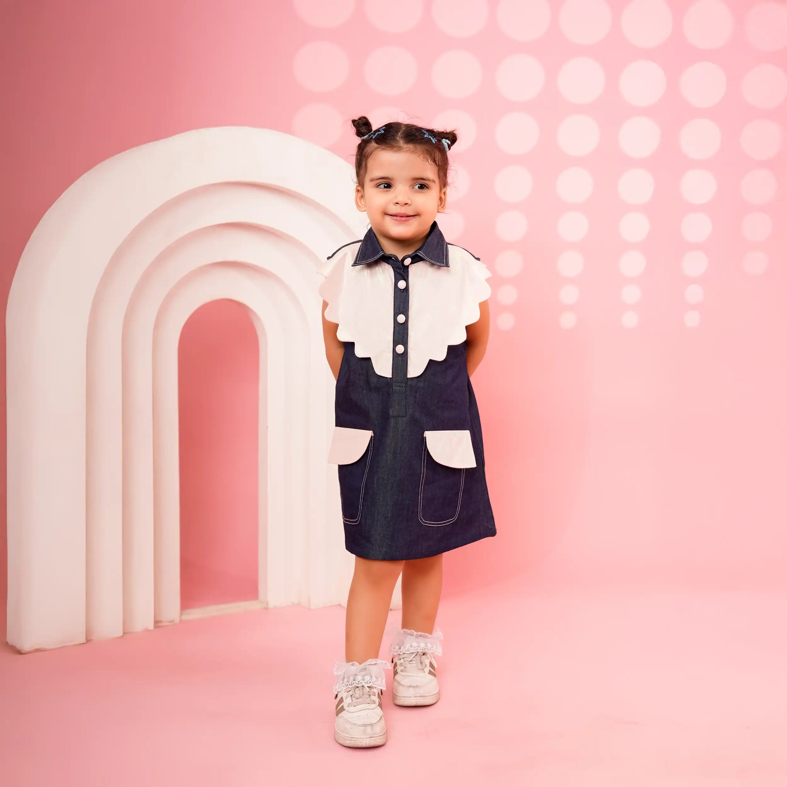 Blue Denim A-Line Dress with Scallop Sparkle Collar