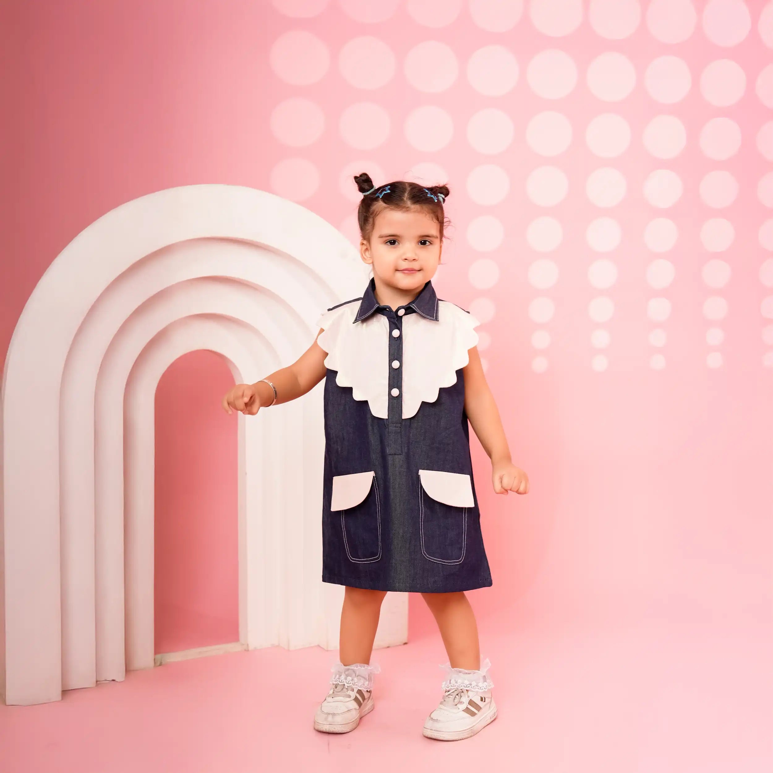 Blue Denim A-Line Dress with Scallop Sparkle Collar