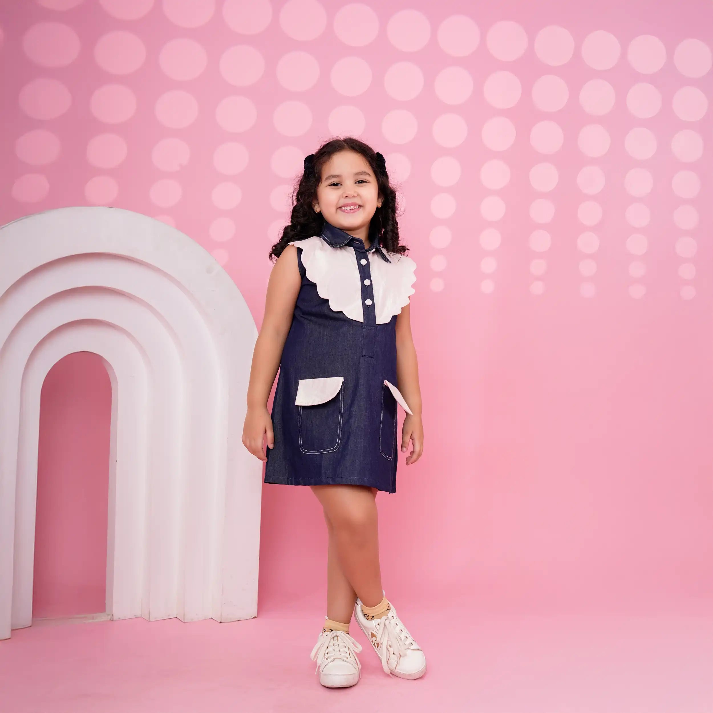 Blue Denim A-Line Dress with Scallop Sparkle Collar