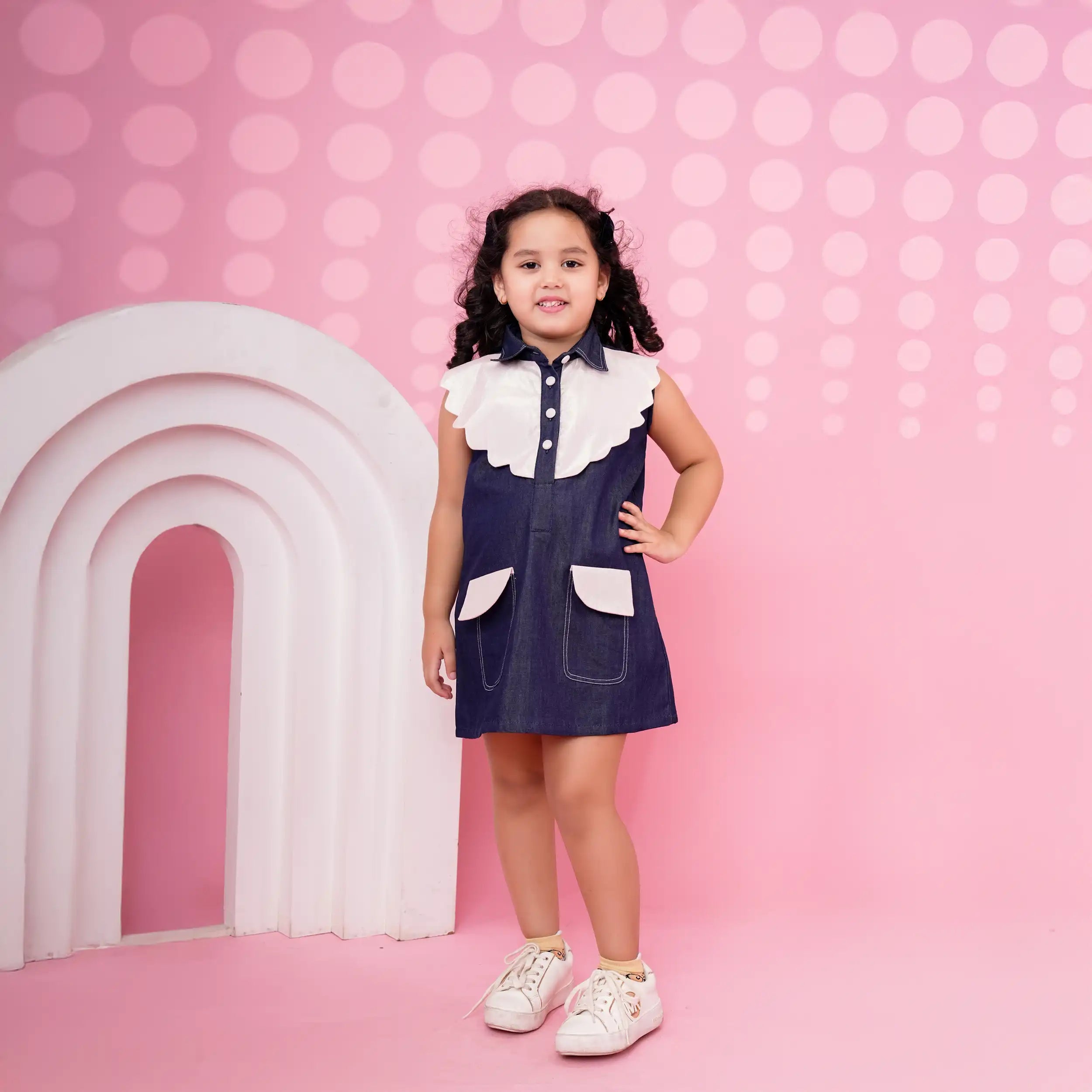 Blue Denim A-Line Dress with Scallop Sparkle Collar