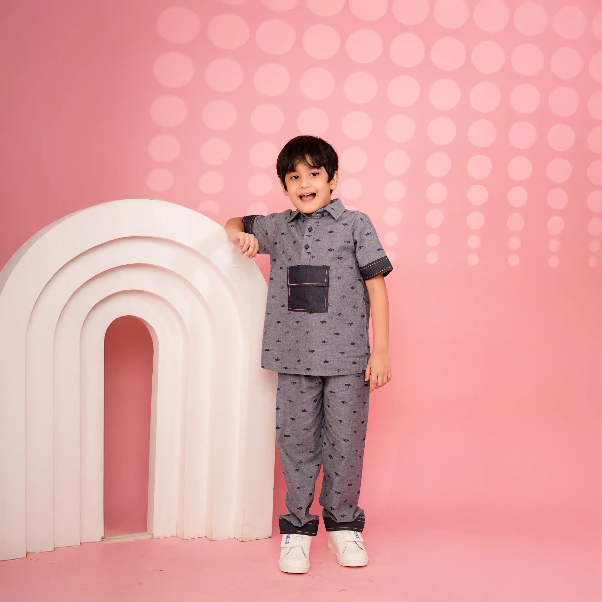Boys’ Grey Denim  Co-Ord Set with Mini Ship Print and Contrast Pocket